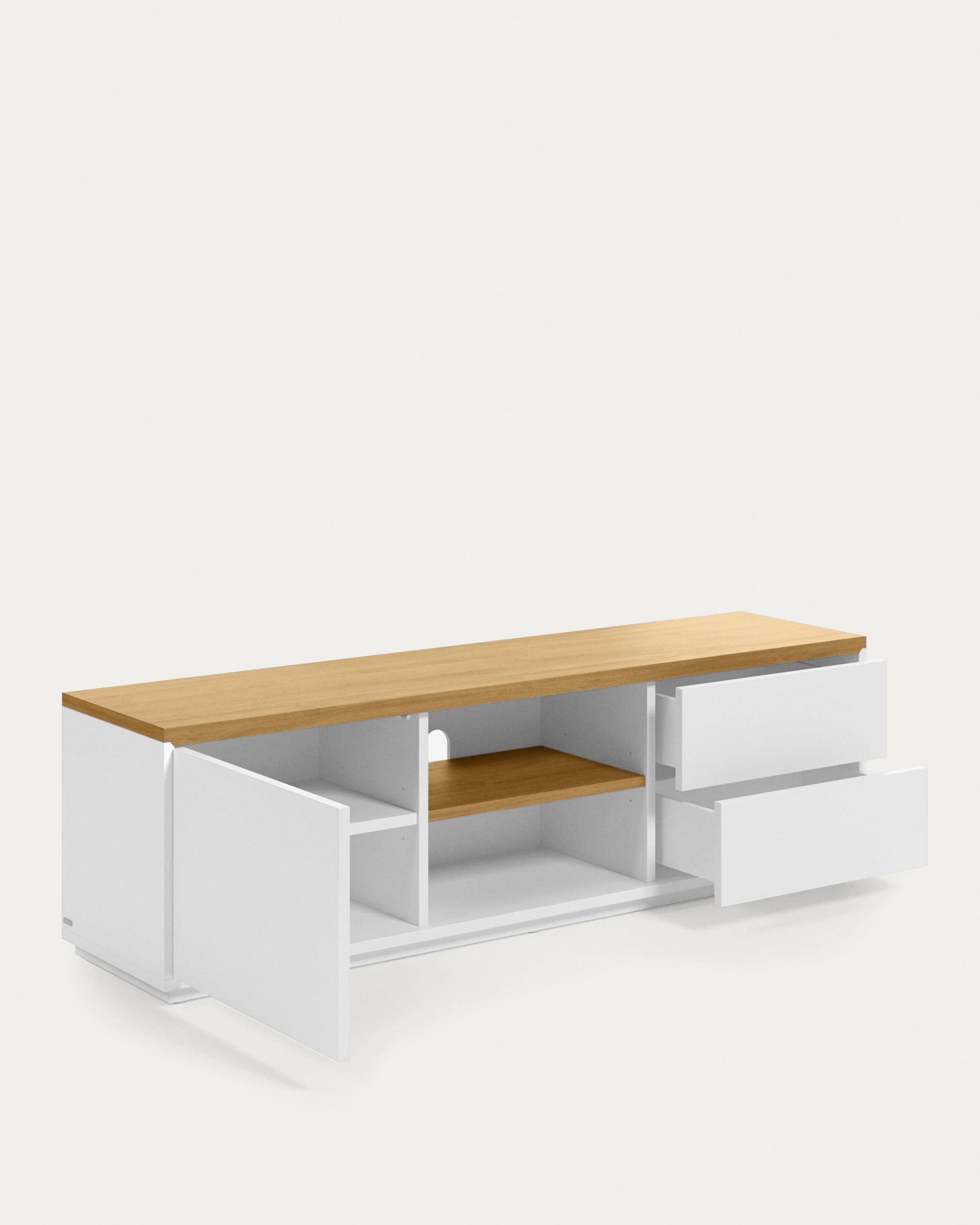 Abilen oak wood veneer TV stand with 1 door & 2 drawers in white lacquer, 150 x 44 cm FSC 100% - Product View