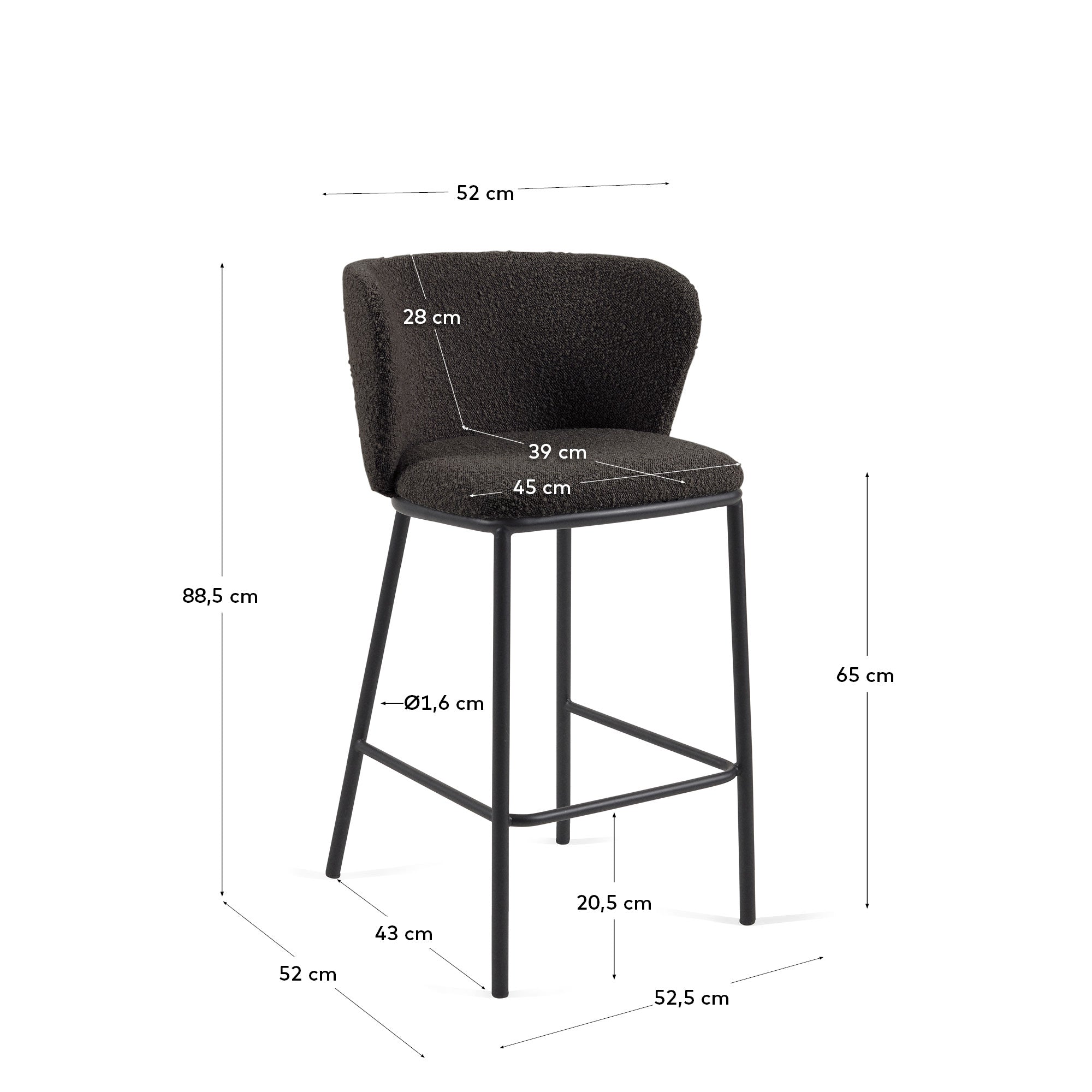 Ciselia stool with black bouclé and black steel legs, height 65 cm FSC Mix Credit - Measurements