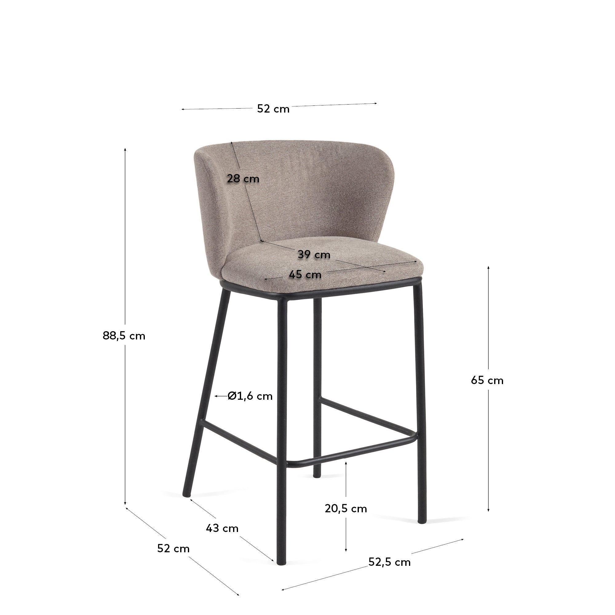 Ciselia stool in brown chenille with steel legs in black, 65 cm height FSC Mix Credit - Measurements