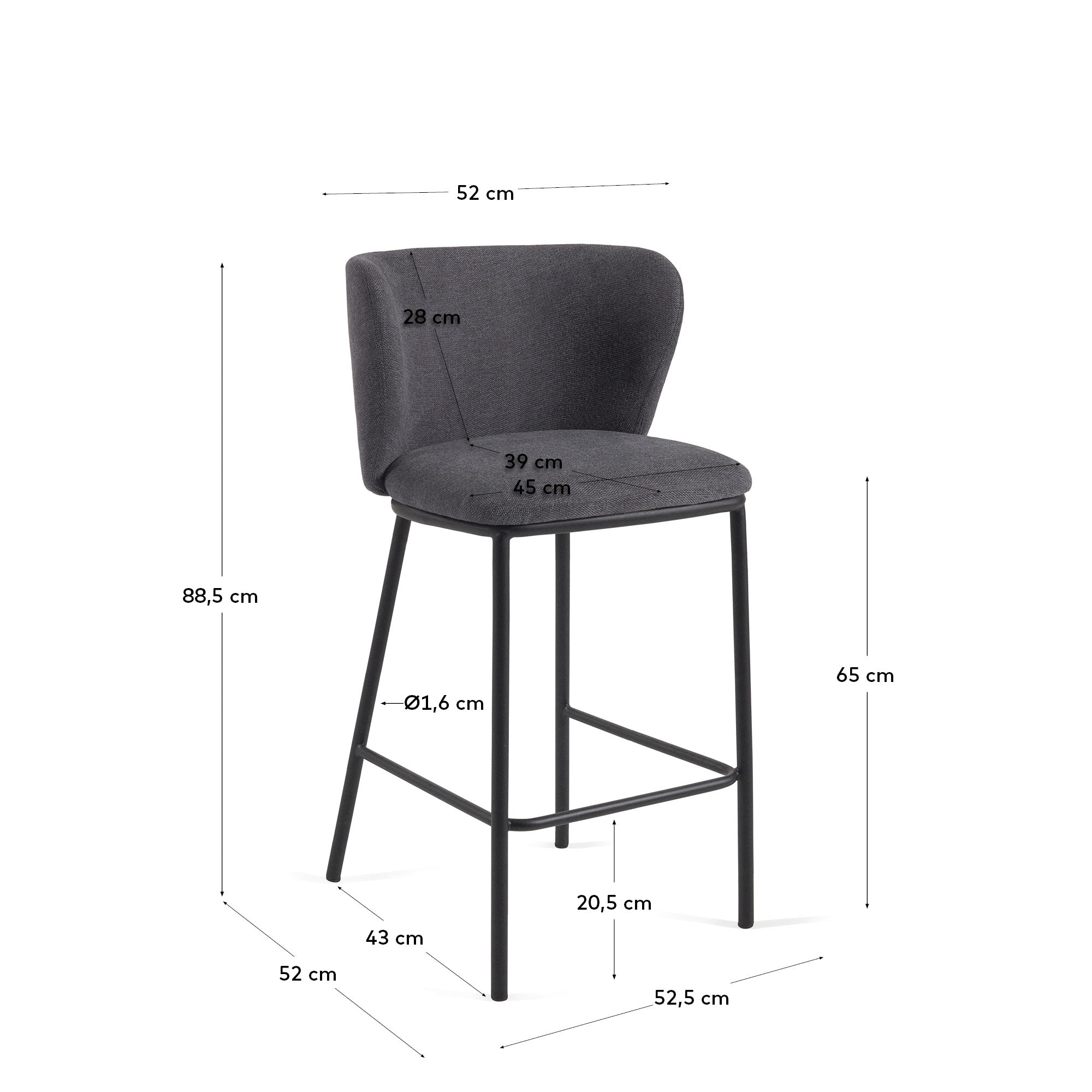 Ciselia stool in dark grey chenille with steel legs in black 65 cm height FSC Mix Credit - Measurements