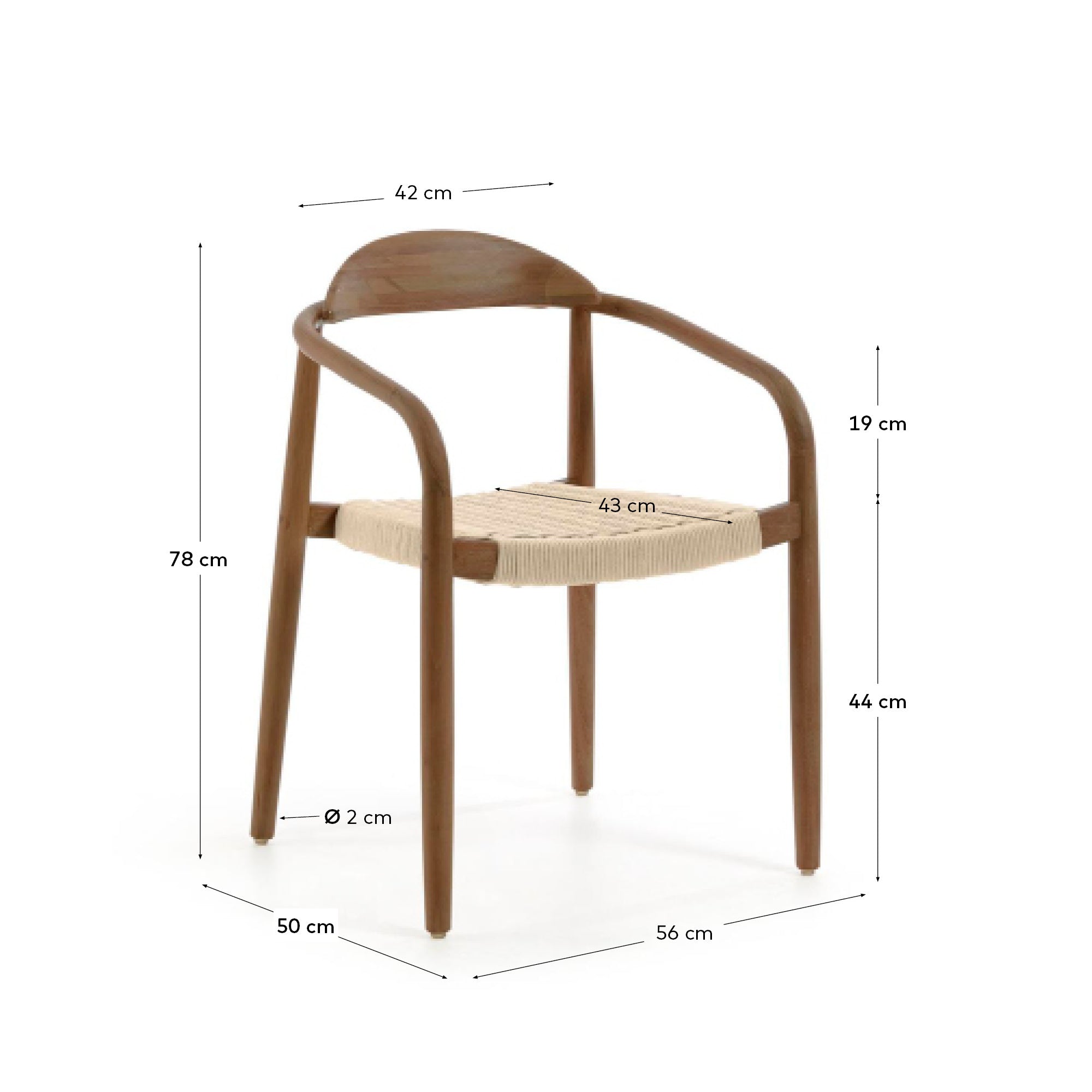 Nina stackable chair in solid acacia wood with walnut finish and beige rope seat FSC 100% - Measurements