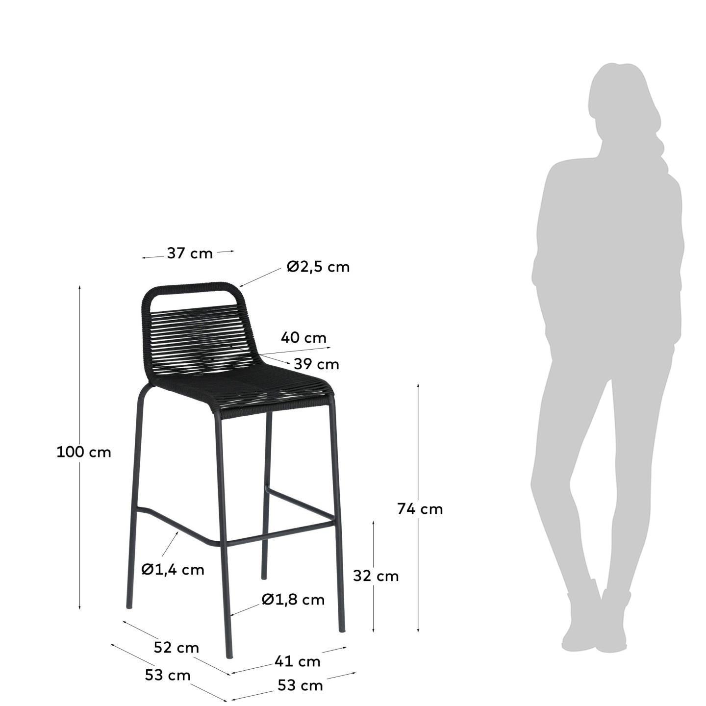 Lambton stackable stool in black rope and black finish steel, 74 cm - Measurements