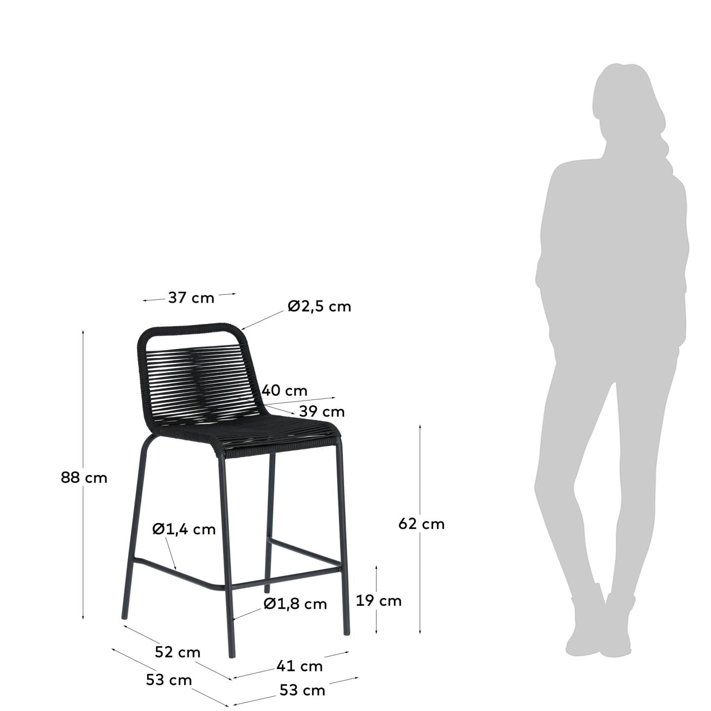 Lambton stackable stool in black rope and black finish steel, 62 cm - Measurements