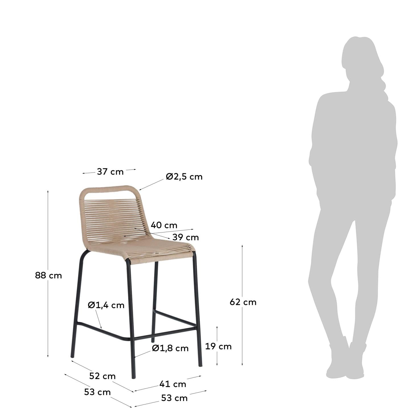 Lambton stackable stool in brown rope and black finish steel, 62 cm - Measurements