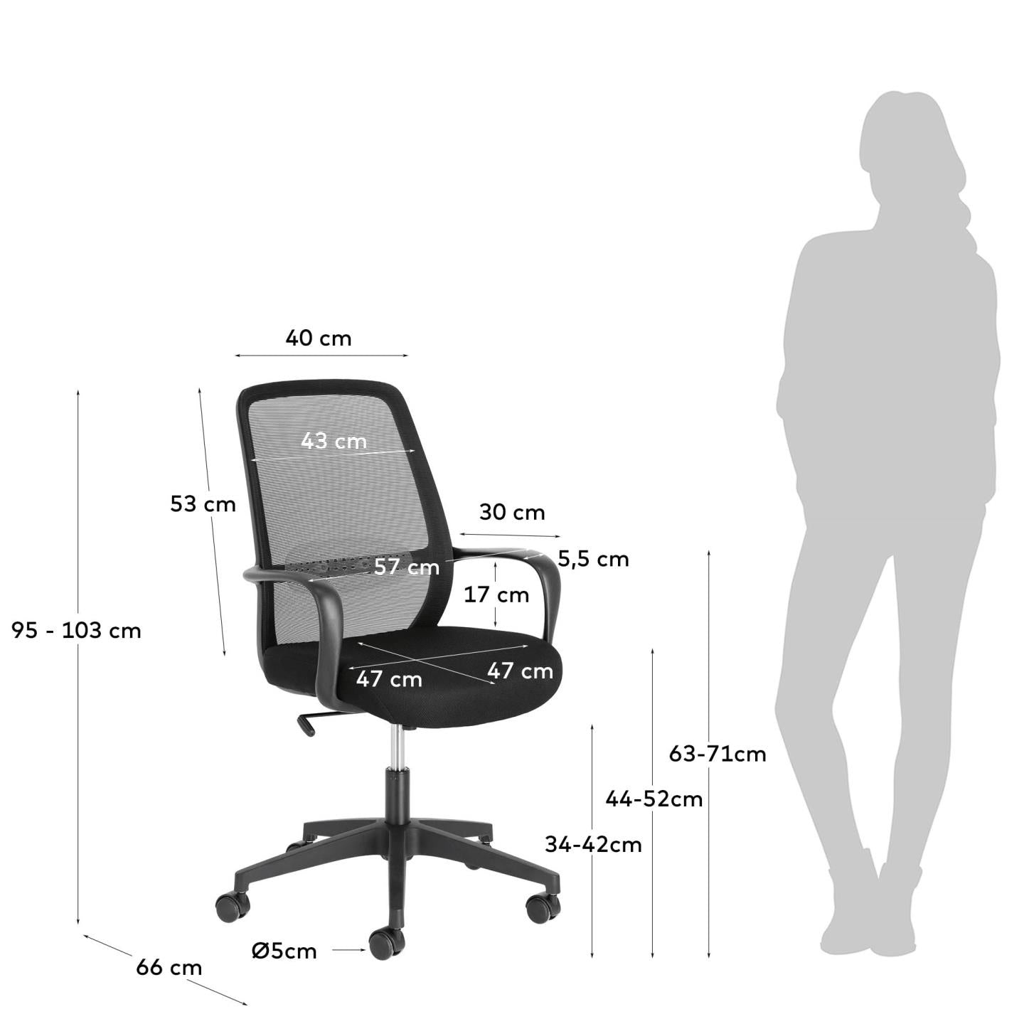 Melva office chair in black and legs made of steel in black - Measurements