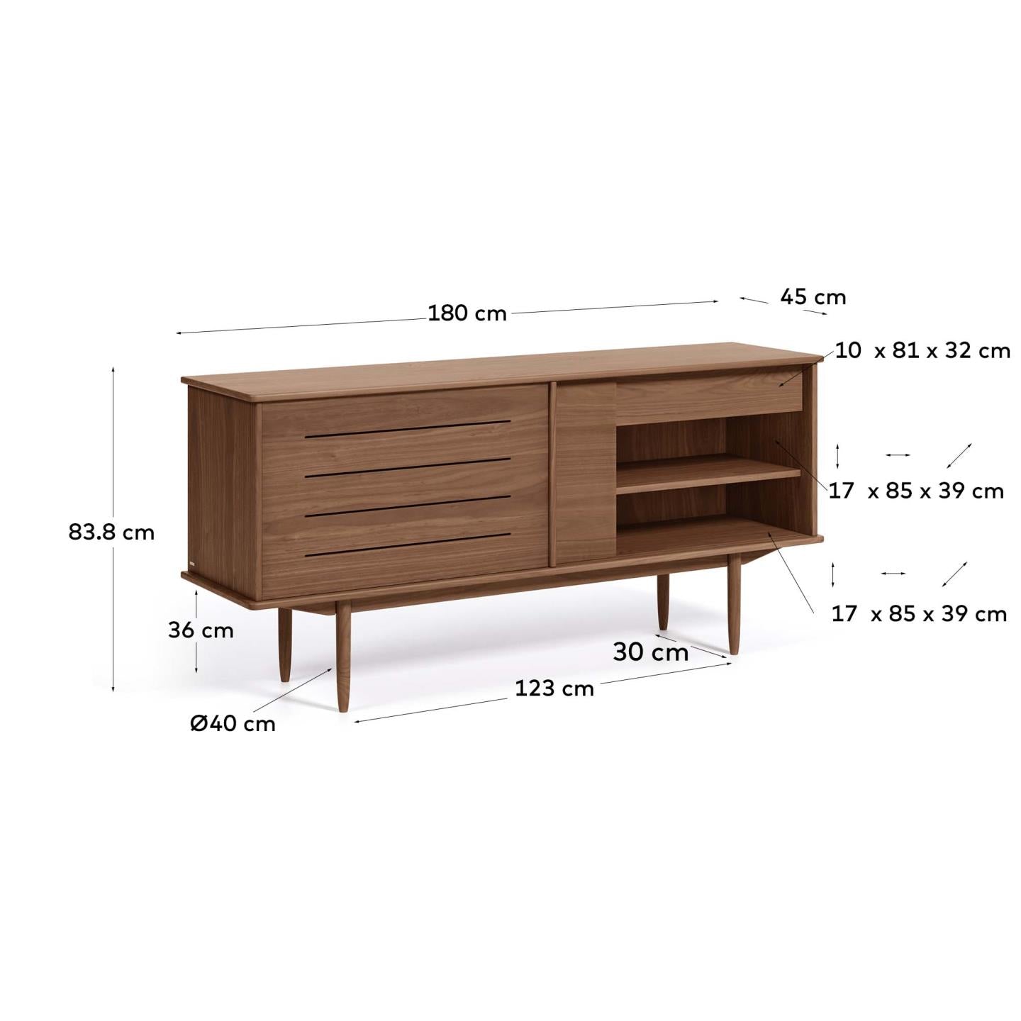 Carolin walnut wood veneer sideboard with 2 doors and 1 drawer, 180 x 83.8 cm - Measurements