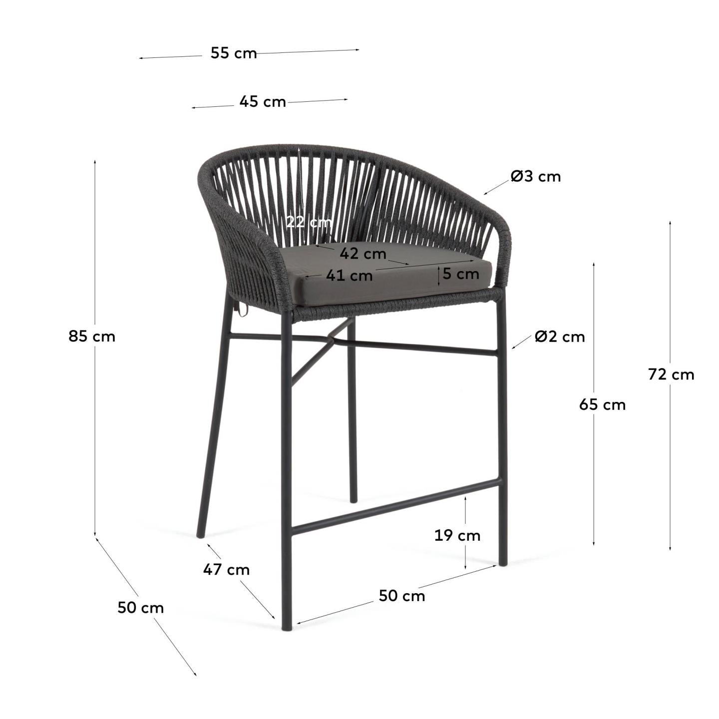 Yanet rope stool in black 65 cm in height - Measurements