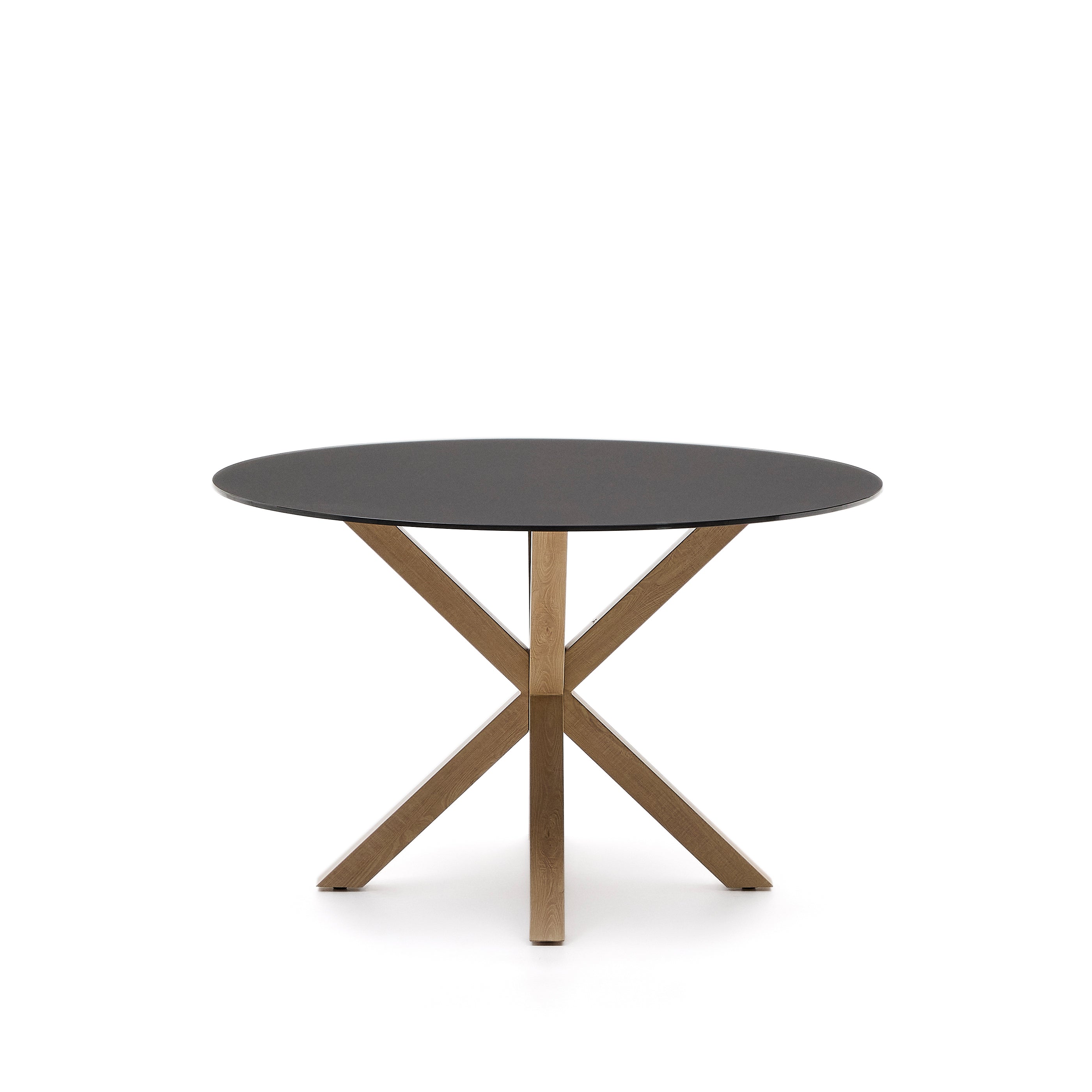 Argo round table in frosted black glass and wood effect steel legs, Ø 120 cm - Product Image