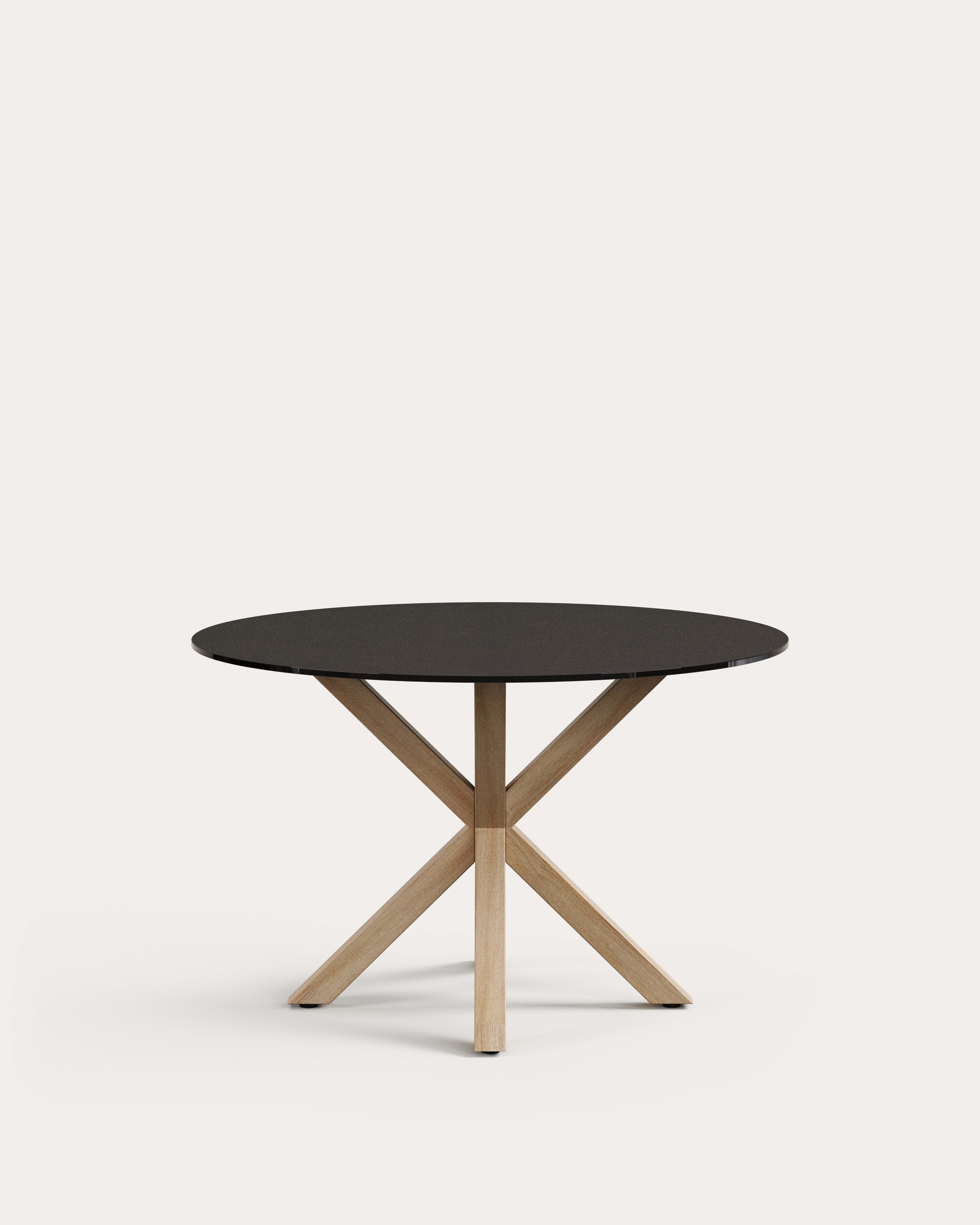 Argo round table in frosted black glass and wood effect steel legs, Ø 120 cm - Product View