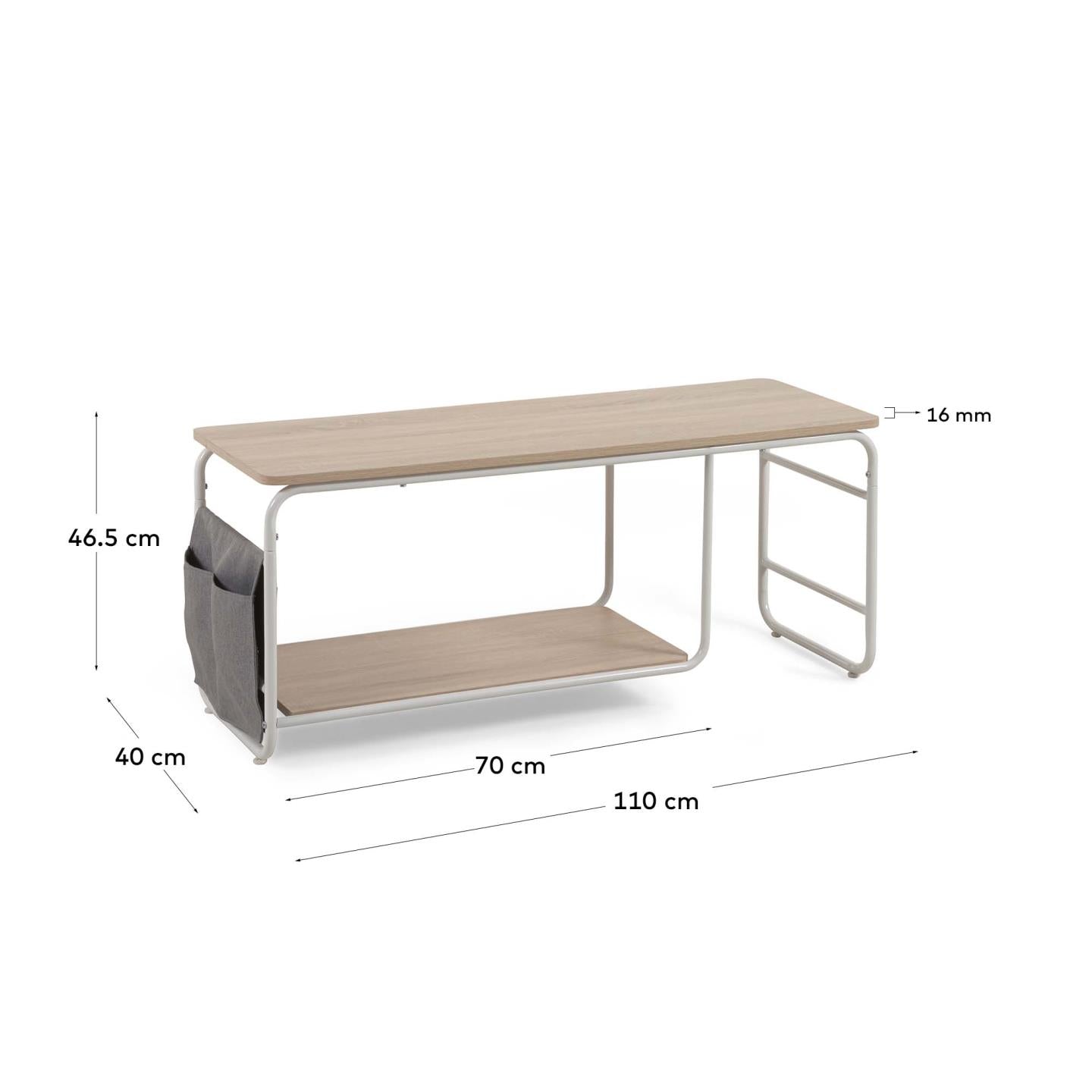 Yamina melamine TV stand with steel in a white finish, 110 x 46 cm - Measurements