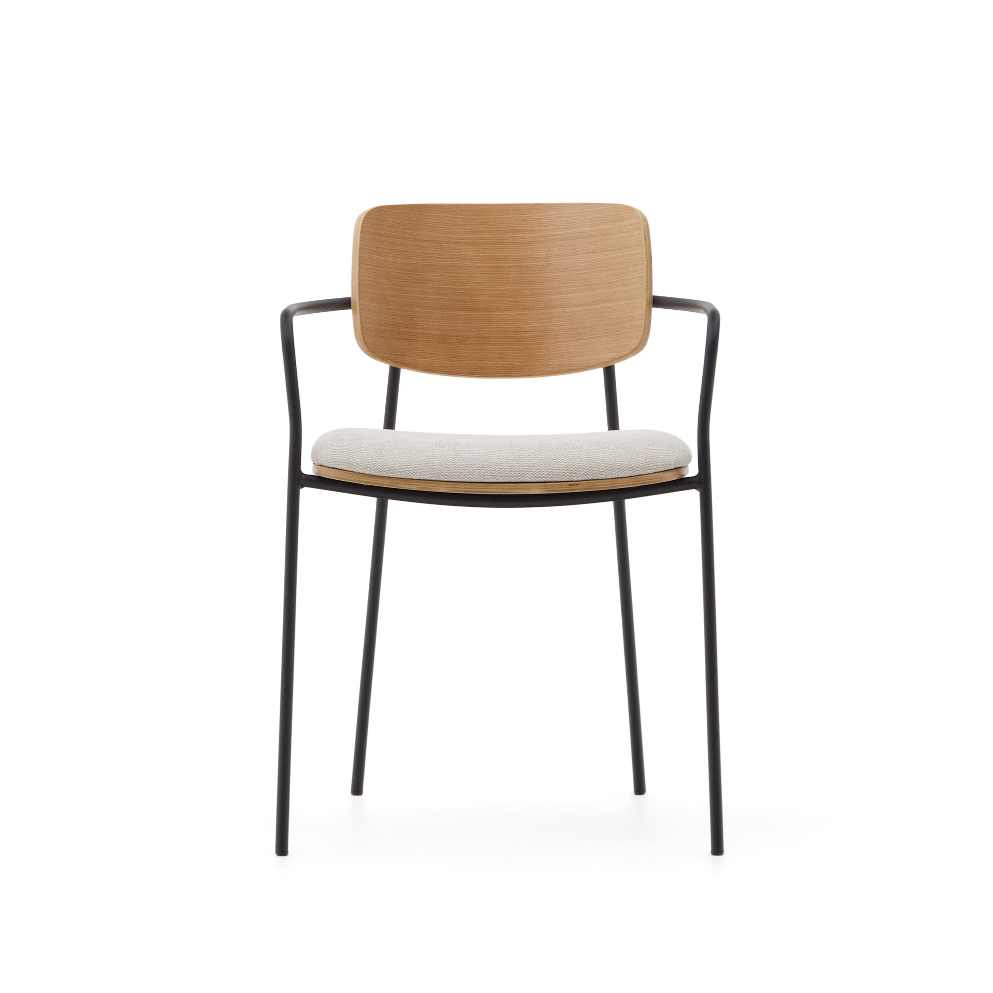 Maureen stackable chair in poplar plywood with light tone finish and black metal legs, 100% FSC. - Product Image
