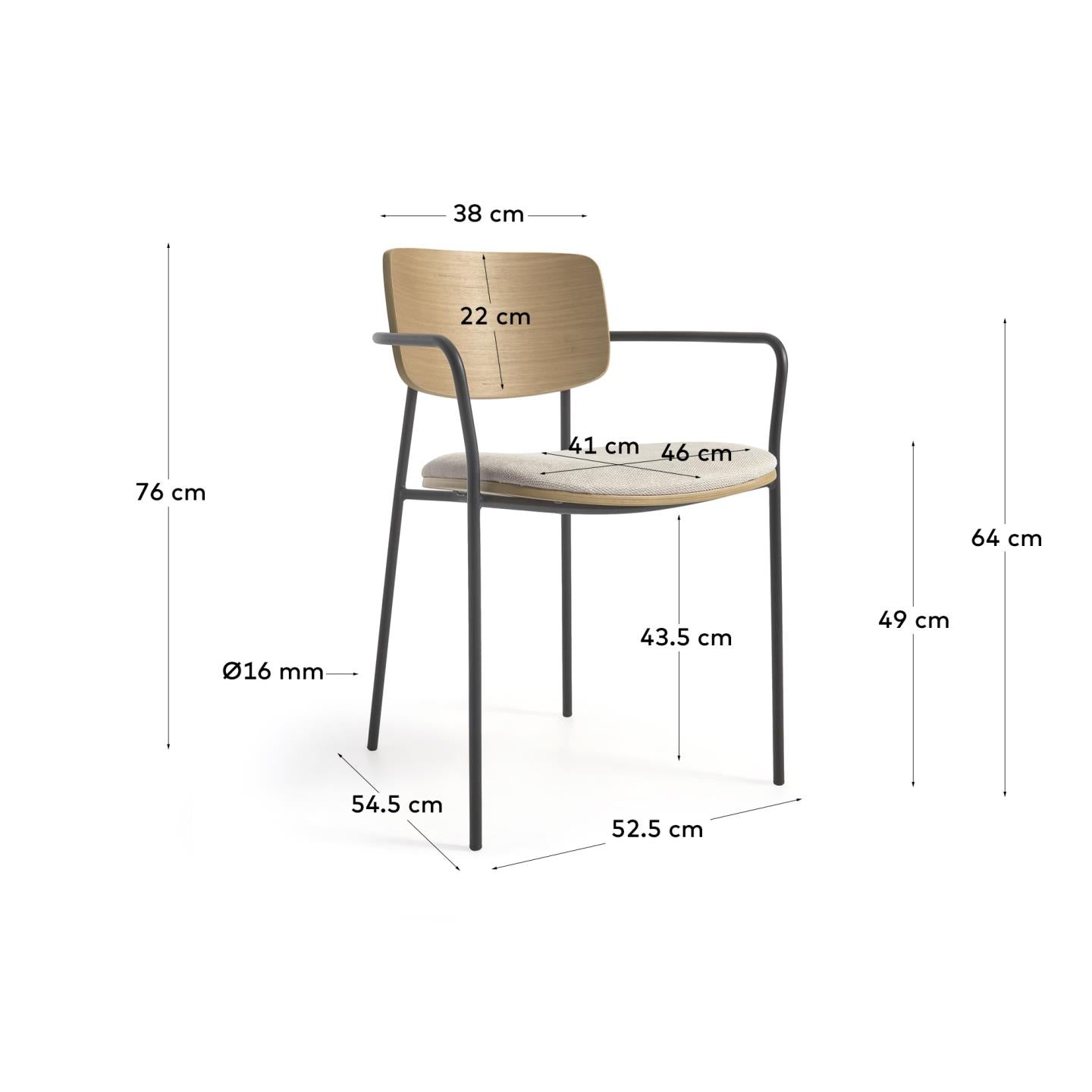 Maureen stackable chair in poplar plywood with light tone finish and black metal legs, 100% FSC. - Measurements