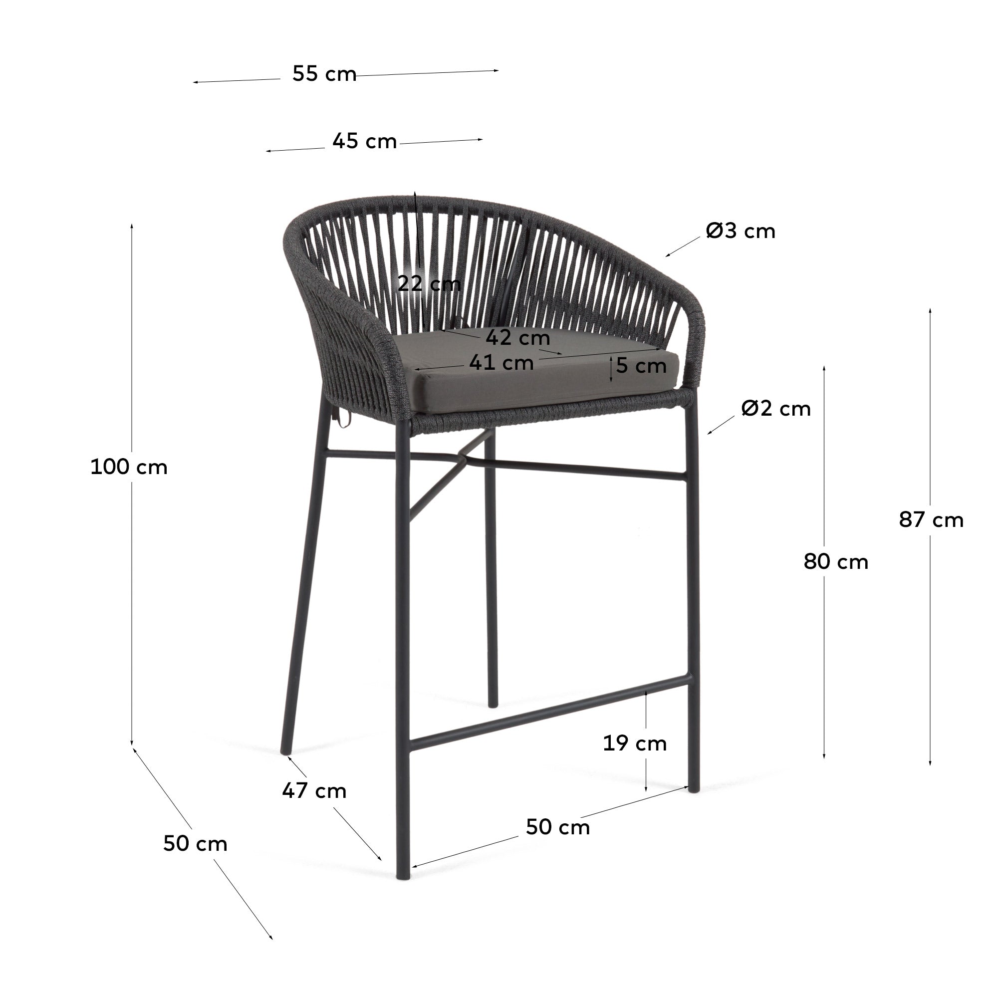 Yanet stool made from black cord and galvanised steel, height 80 cm - Measurements