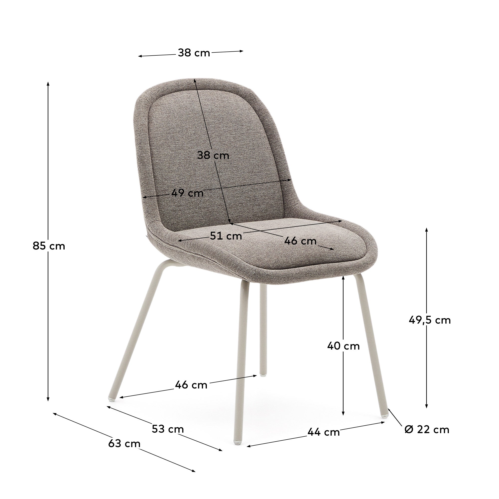 Aimin chair in brown chenille and steel legs with a matte beige painted finish FSC Mix Credit - Measurements