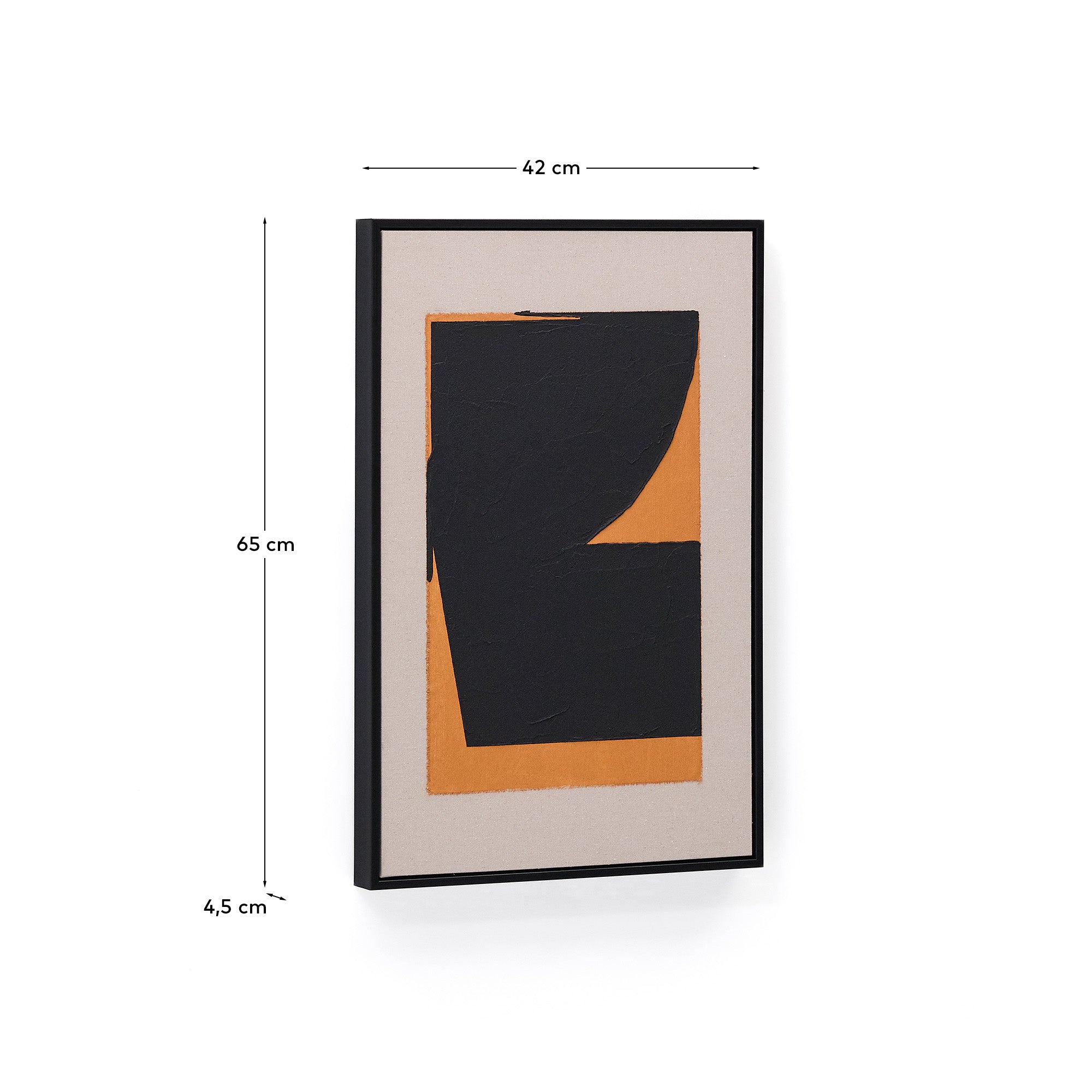 Zernu hand-painted orange and black linen abstract picture 42 x 65cm - Measurements