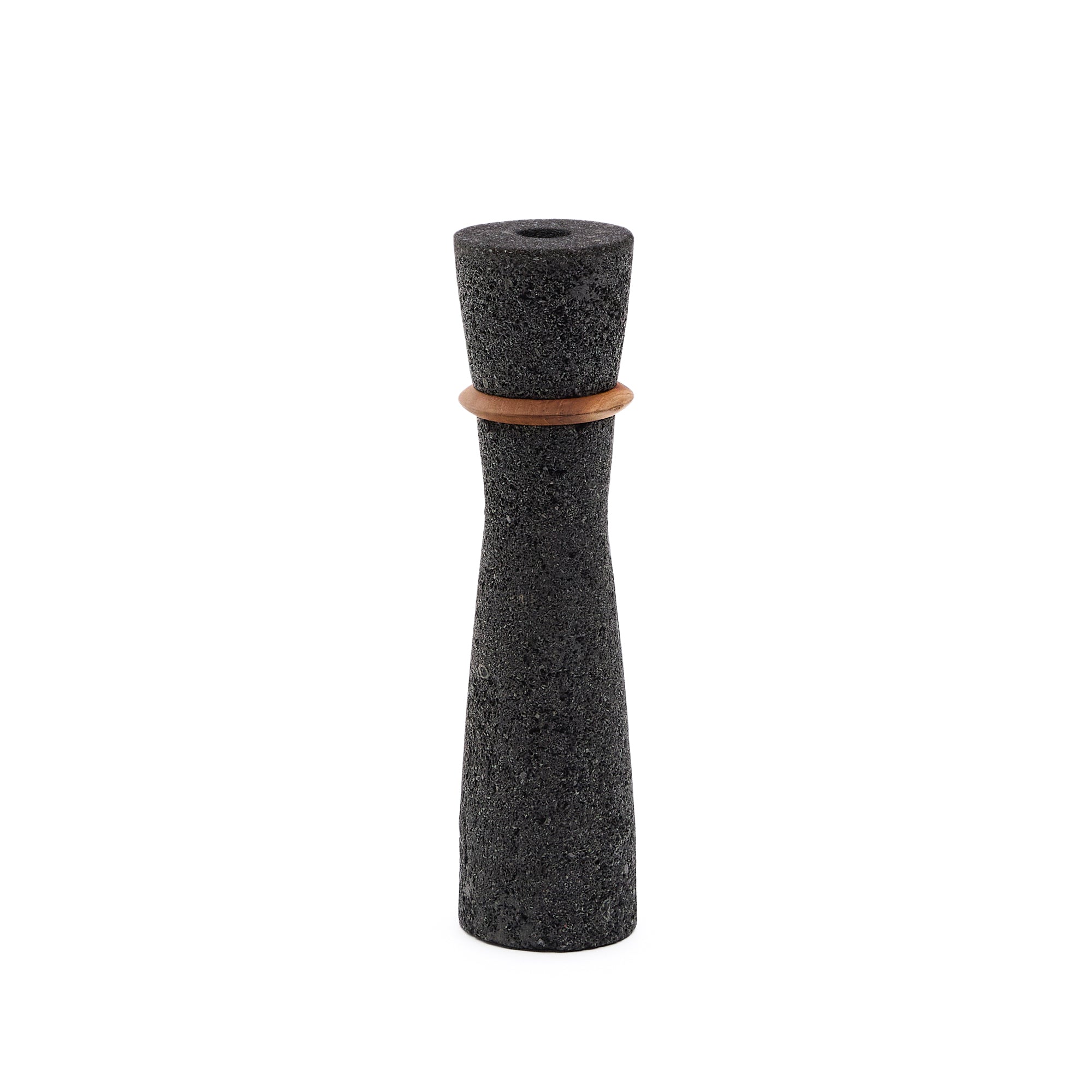 Naro vase in black stone and teak wood 30cm - Product Image