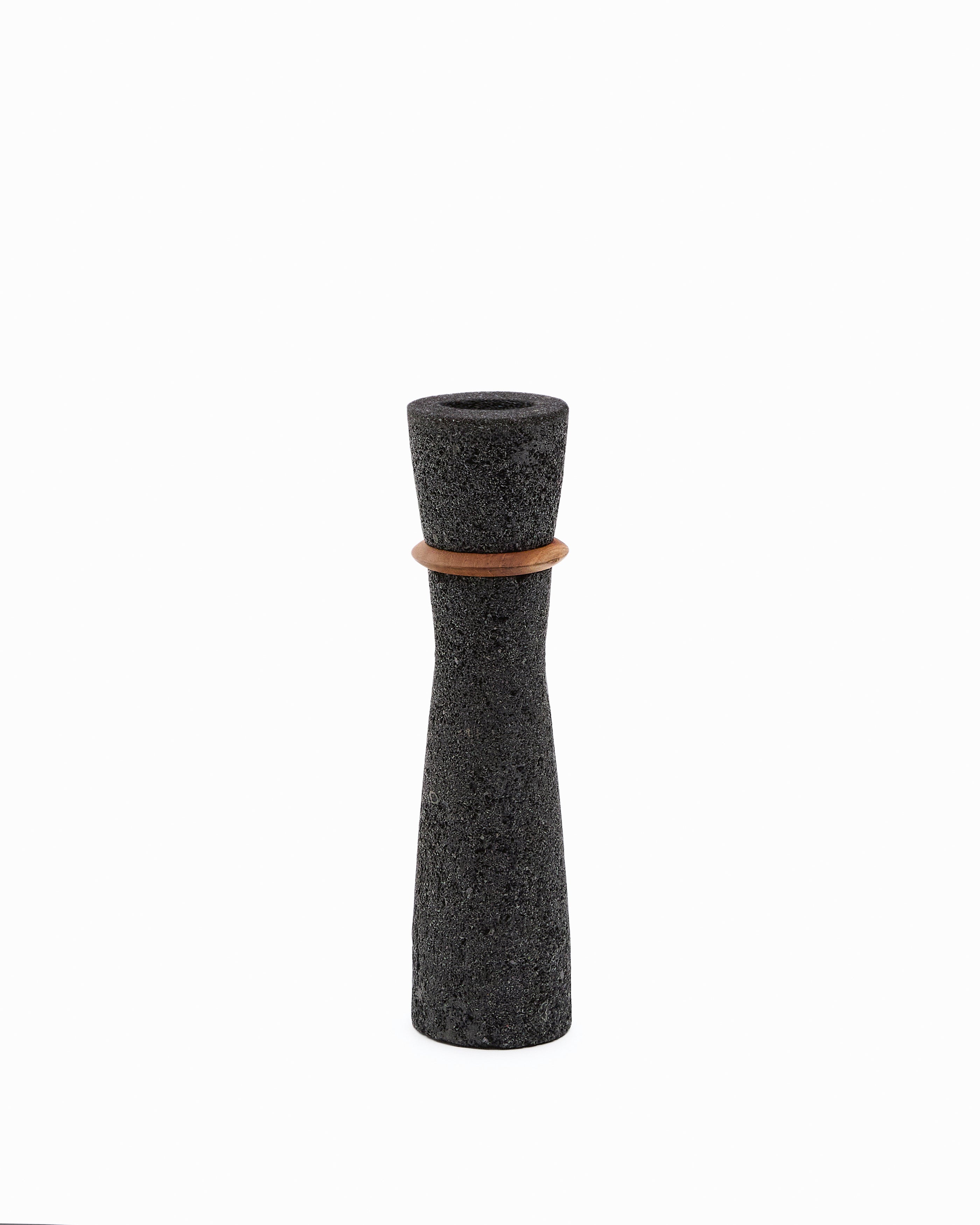 Naro vase in black stone and teak wood 30cm - Product Image