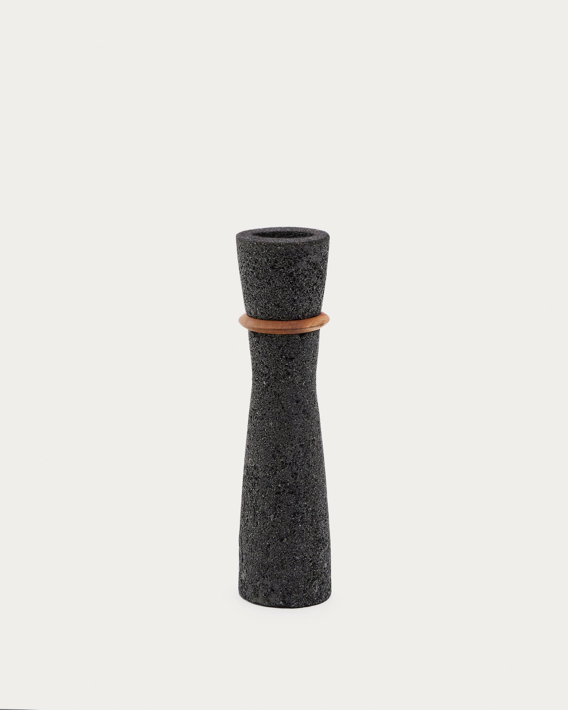Naro vase in black stone and teak wood 30cm - Product View