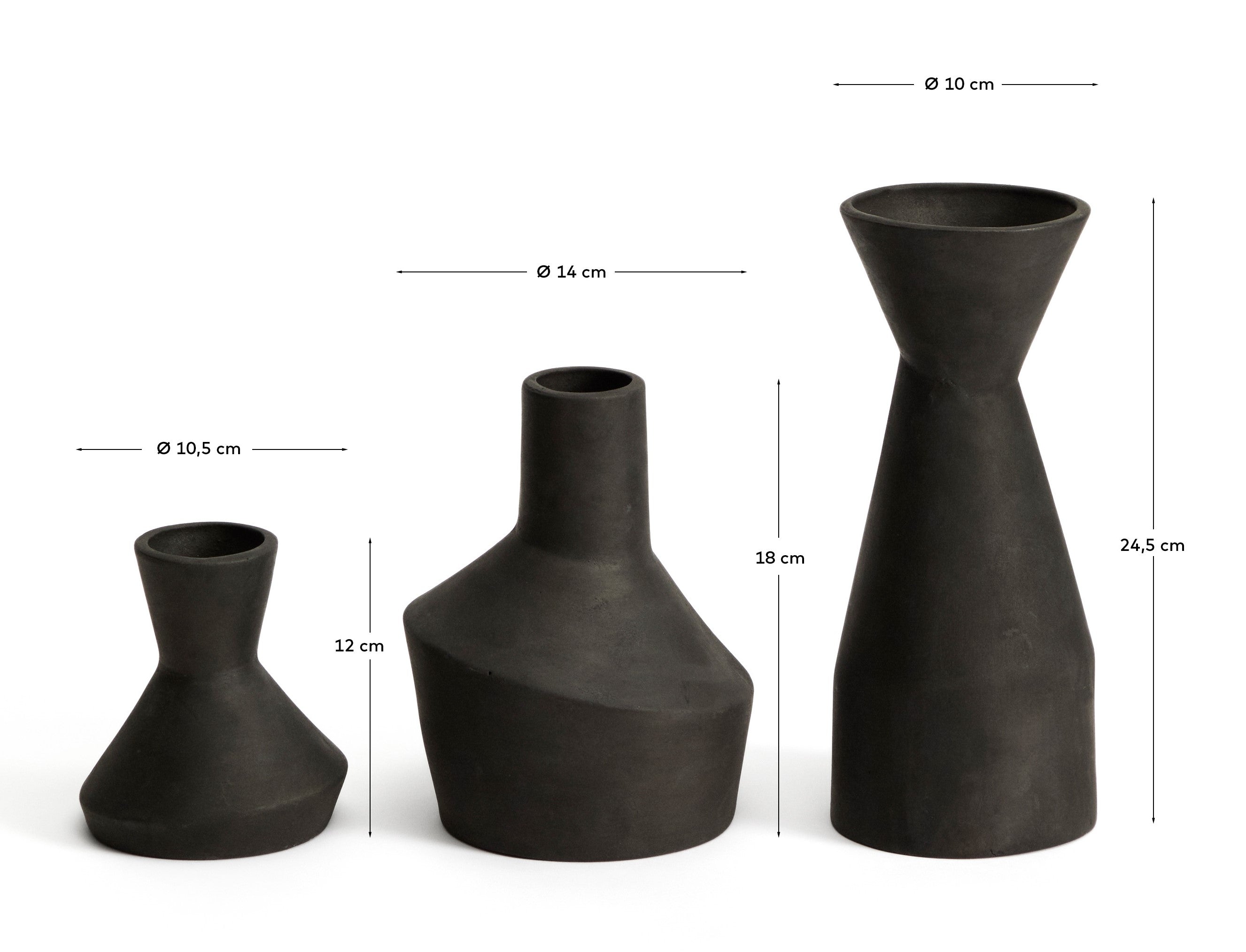 Dunari set of 3 black terracotta vases Ø 10.2 cm / Ø 14 cm / Ø 10 cm - Measurements