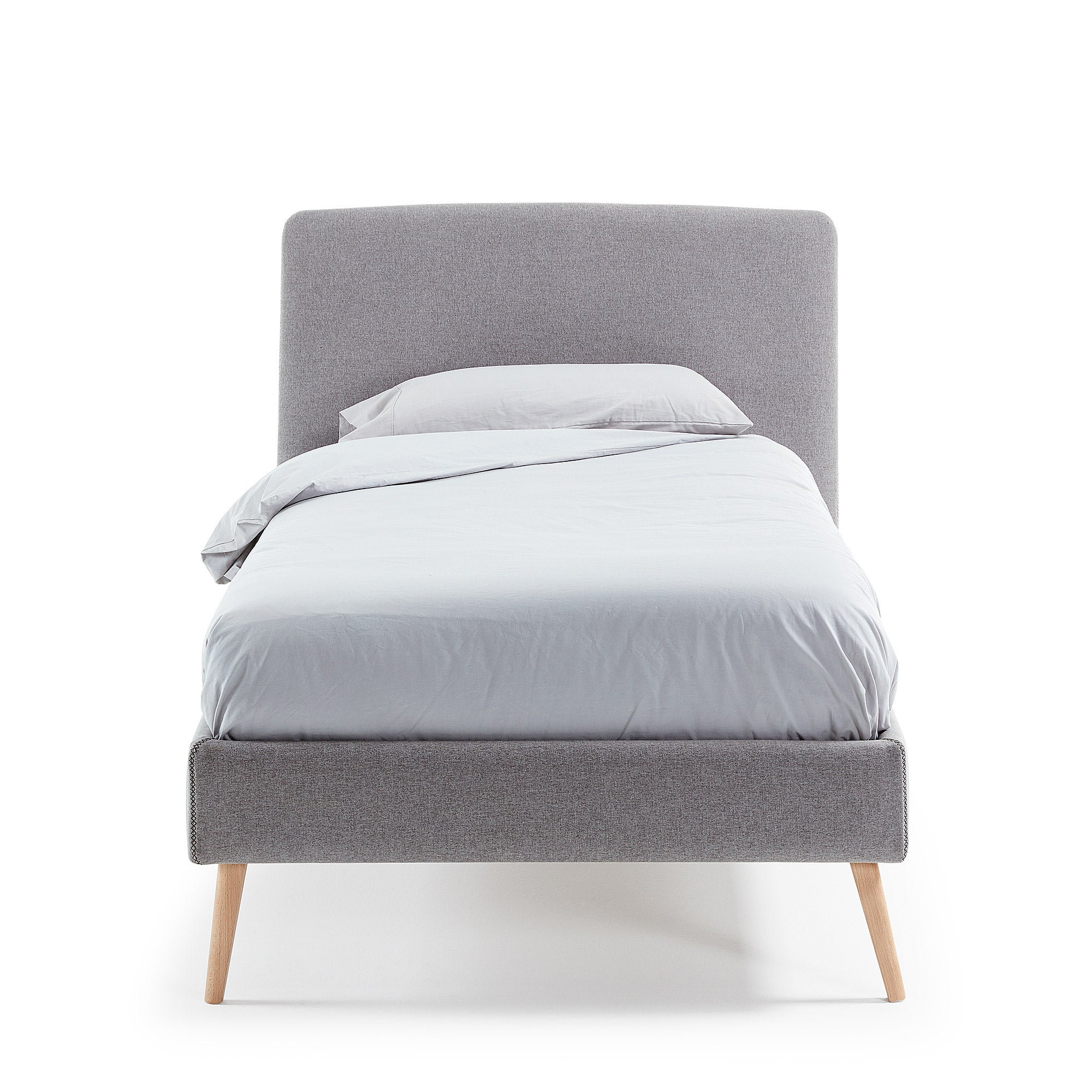 Dyla bed with removable cover in light grey, with solid beech wood legs for a 90 x 190 cm mattress - Product Image