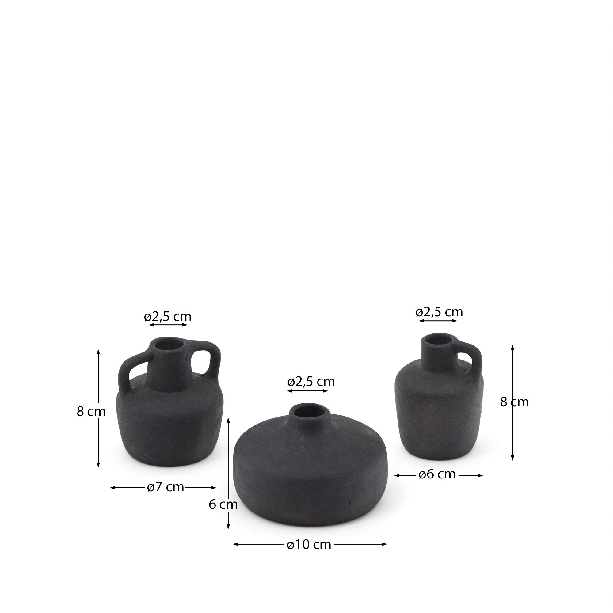 Sofra set of 3 terracotta vases in a black finish, 6 cm / 7 cm / 10 cm - Measurements