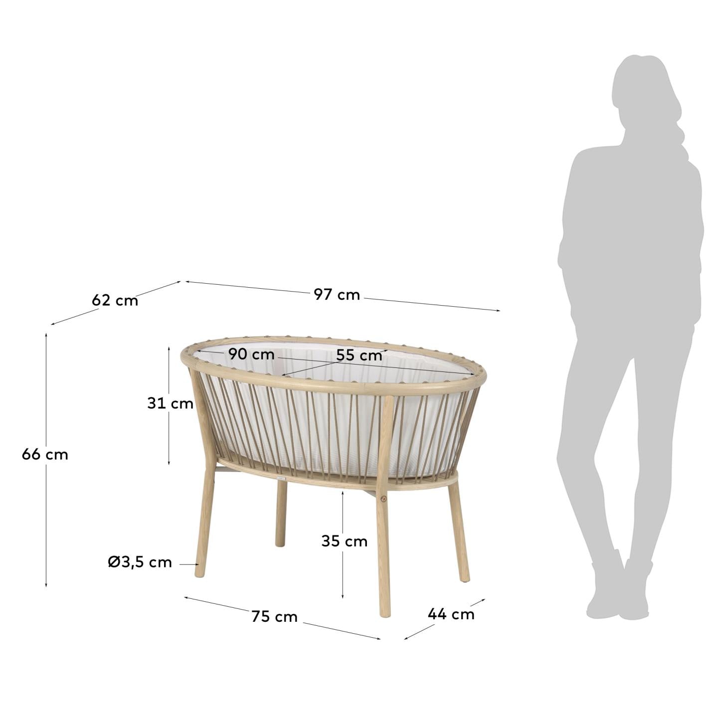 Leonela ash wood bassinet 97 x 62 cm FSC 100% - Measurements