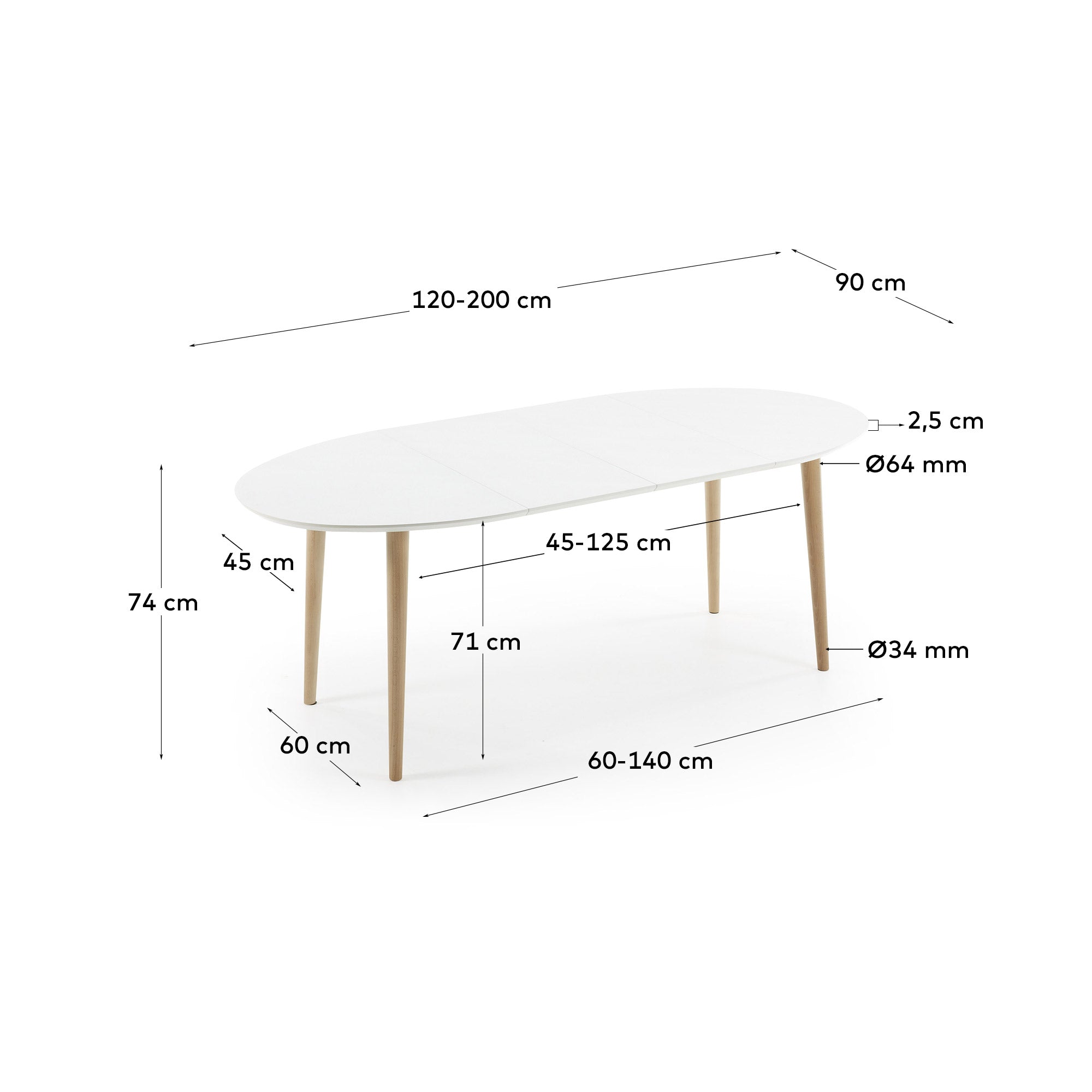 Oqui oval extendable MDF table with white lacquer and solid beech legs 120 (200) x 90 cm - Measurements