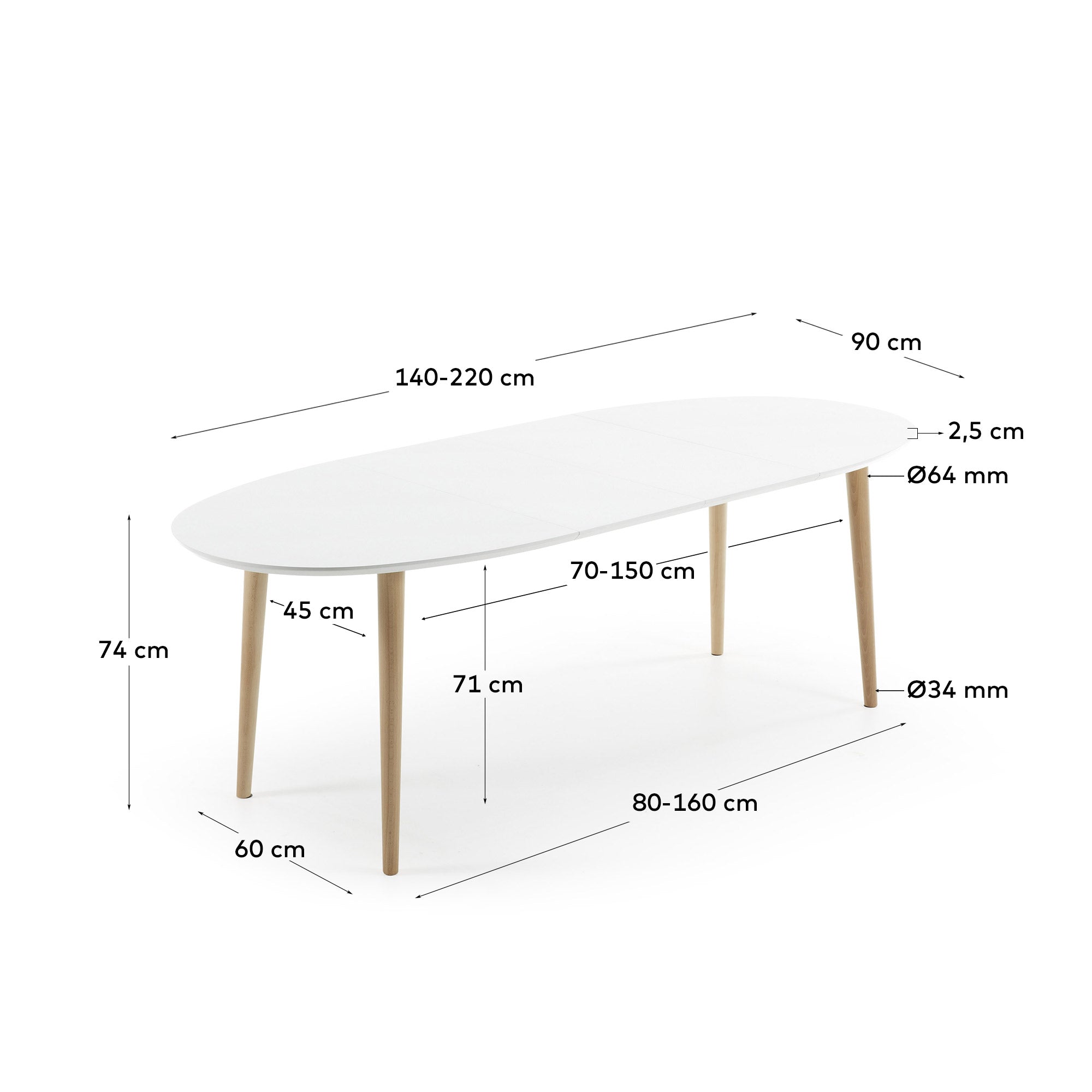 Oqui oval extendable MDF table with white lacquer and solid beech legs 140(220)x90 cm - Measurements