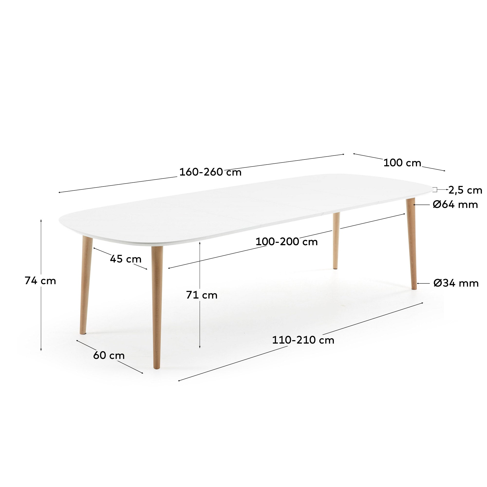 Oqui extendable oval table with an oak veneer and solid wood legs, Ø 160 (260) x 100 cm - Measurements