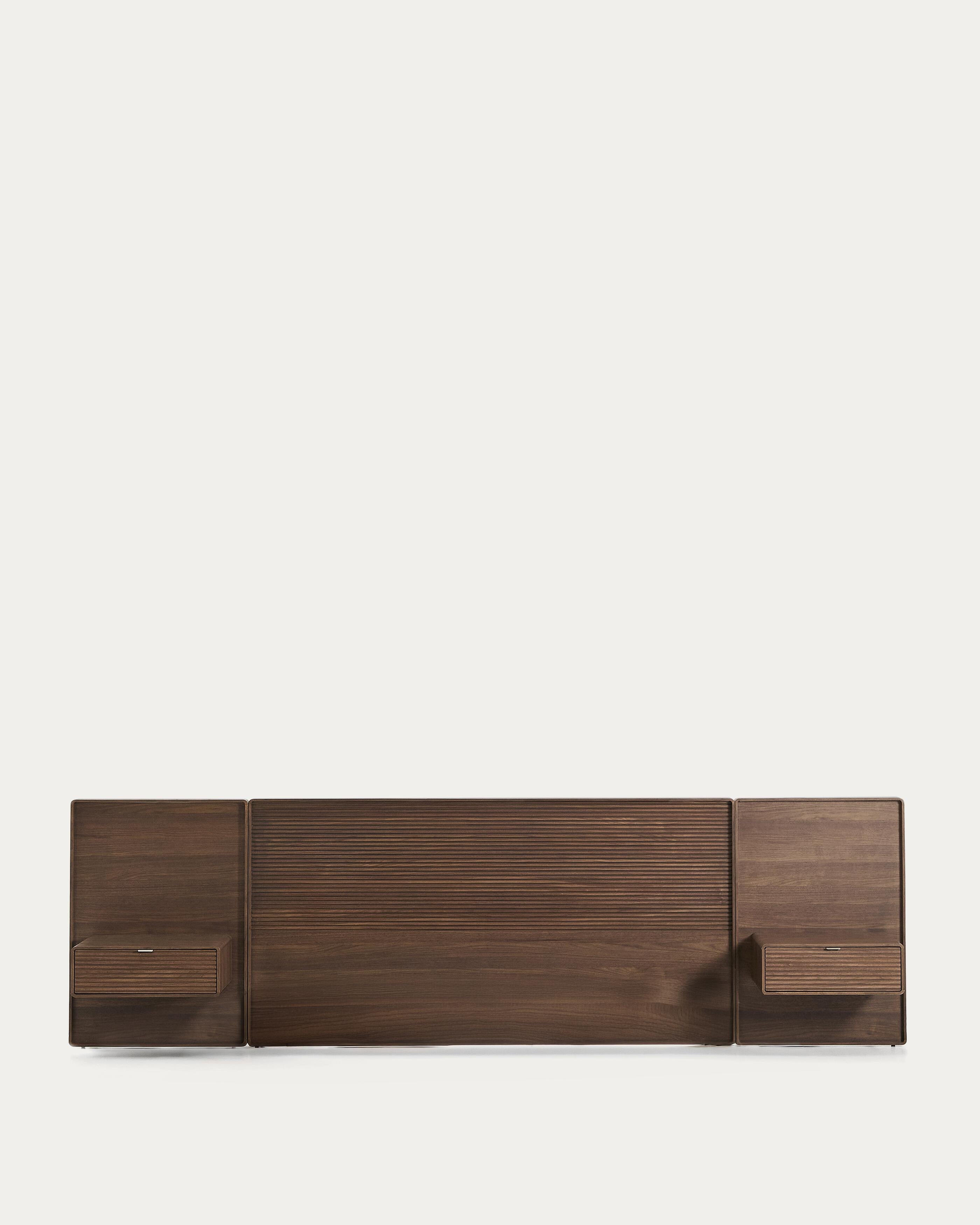 Norlen headboard with 2 bedside tables in walnut veneer with a dark finish and LED light for beds up to 180cm FSC Mix Credit - Product View