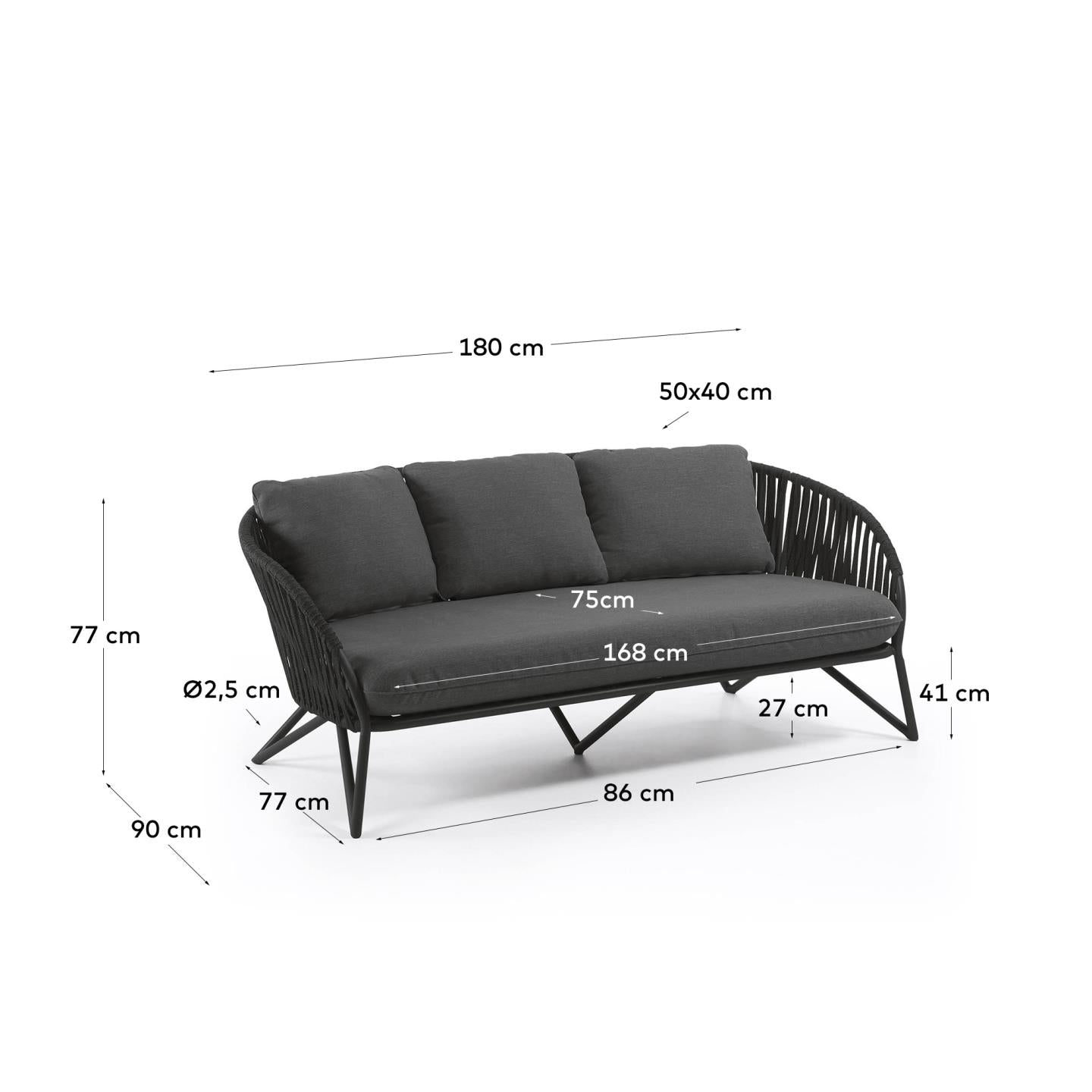 3 seater Branzie sofa in black cord, 180 cm - Measurements