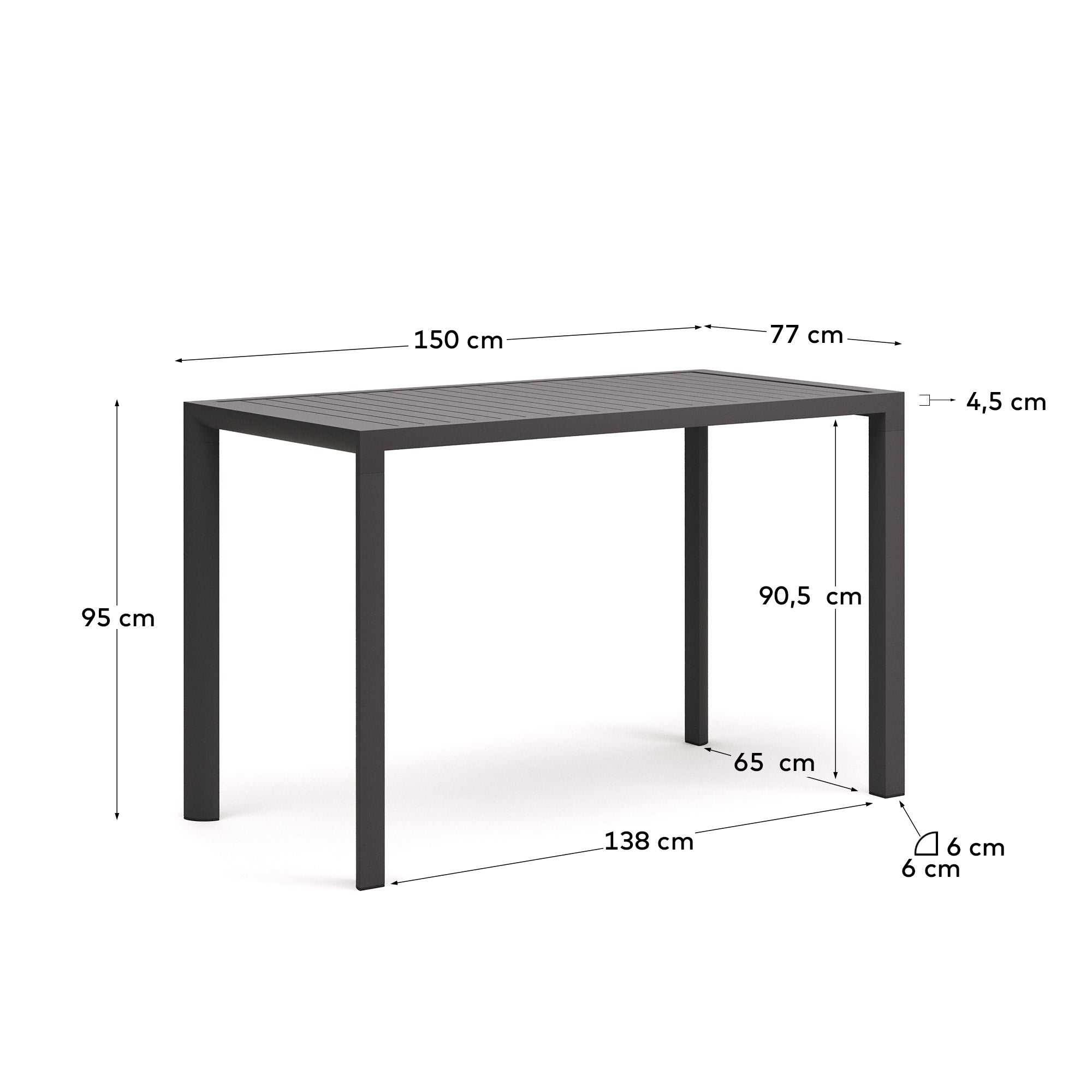 Culip aluminium outdoor bar table in powder coated grey finish, 150 x 77 cm - Measurements