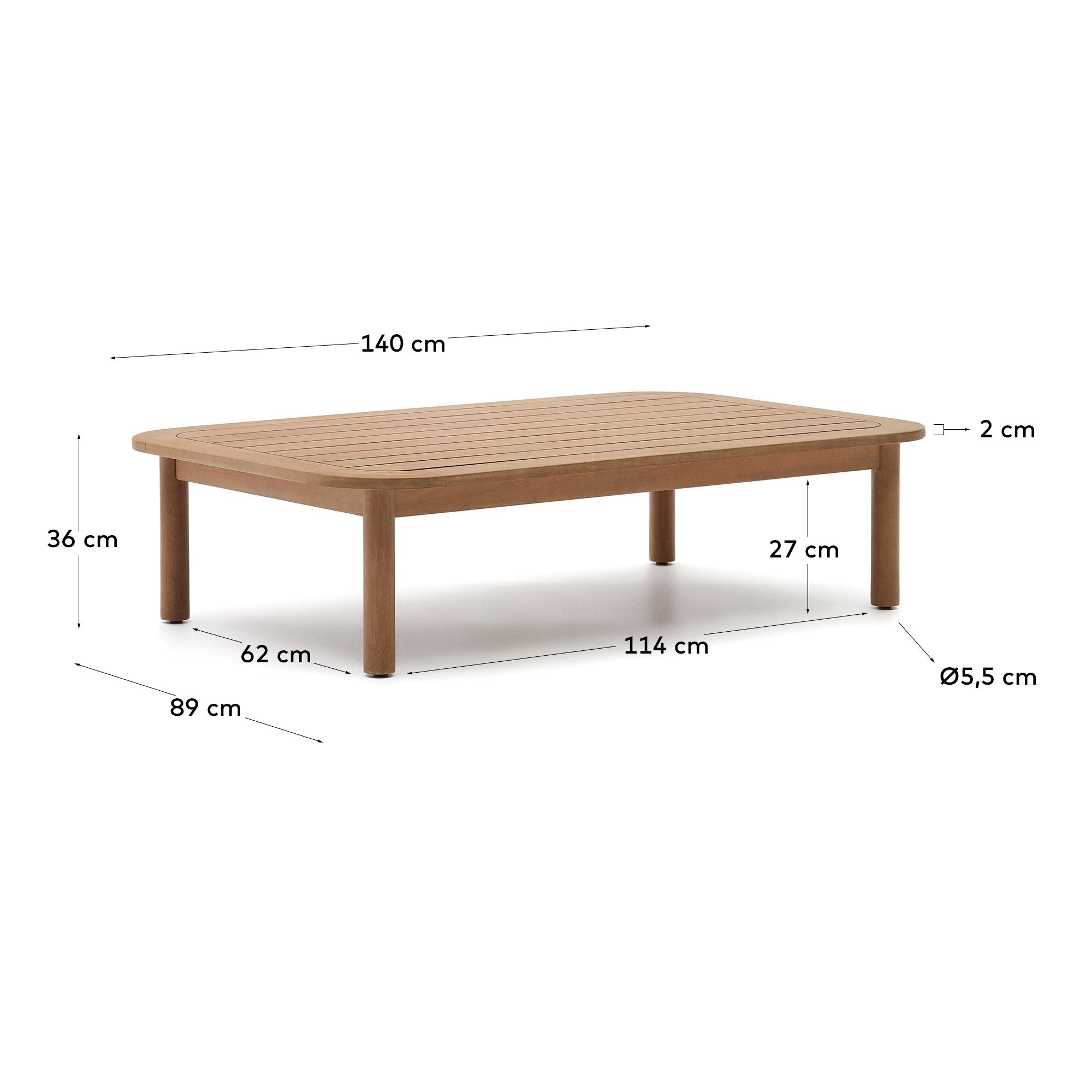 Sacova solid eucalyptus wood coffee table, 100% outdoor suitable 140 x 89 cm - Measurements