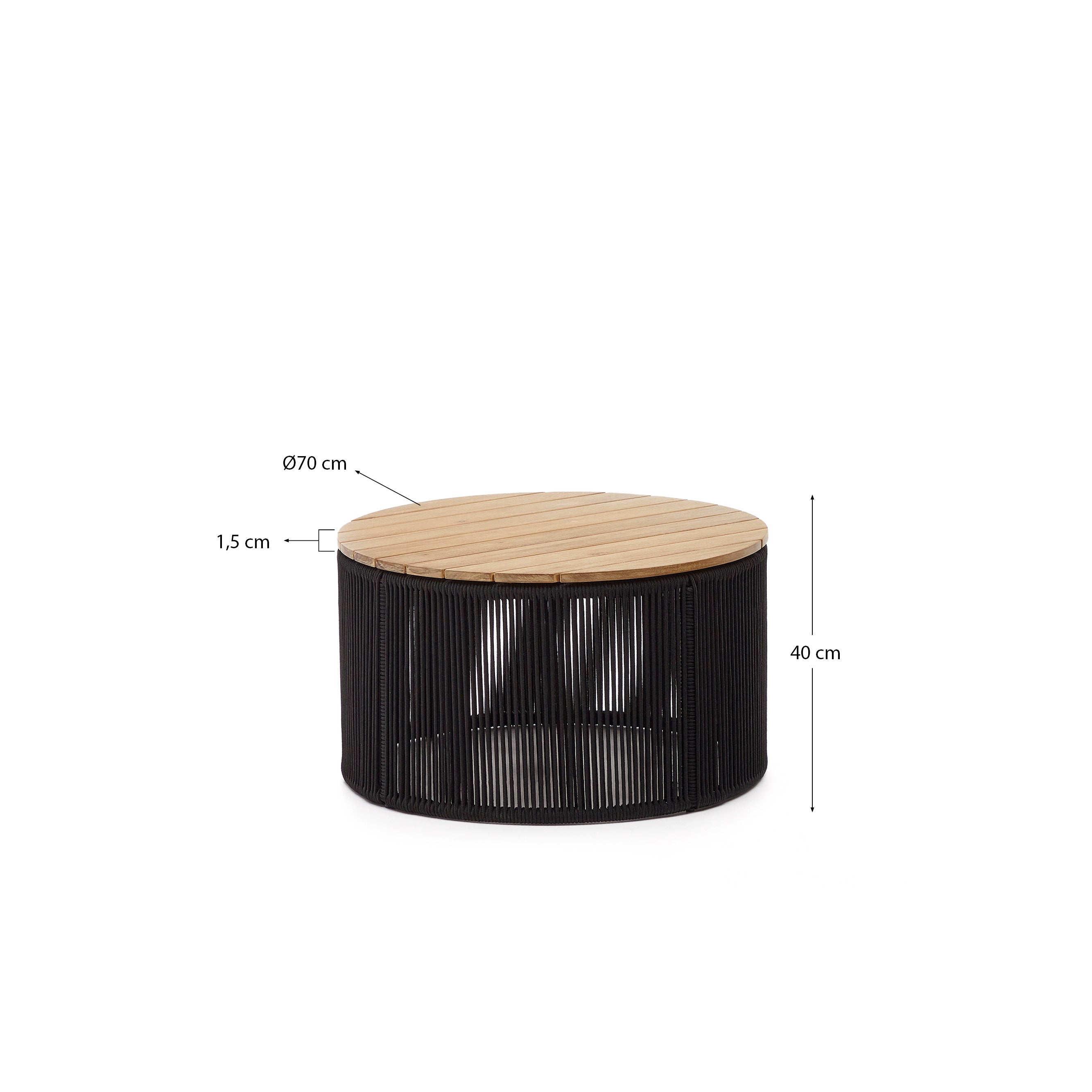 Dandara coffee table made of steel, black cord and solid acacia wood, Ø70 cm FSC 100% - Measurements