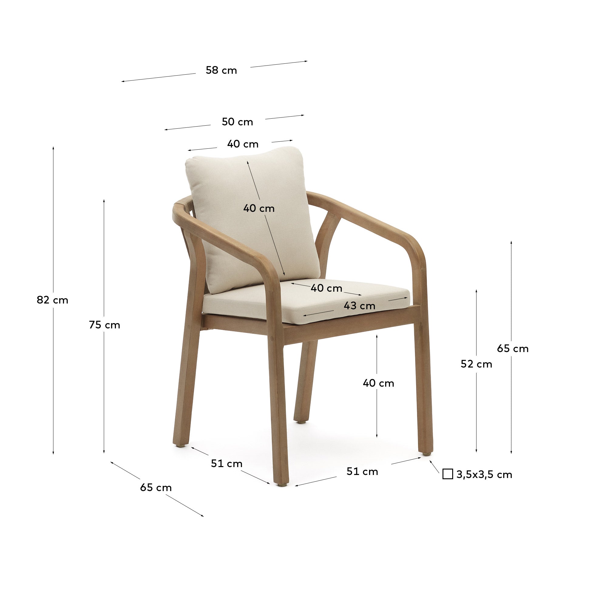 Malaret stackable chair in solid eucalyptus and beige cord, FSC - Measurements
