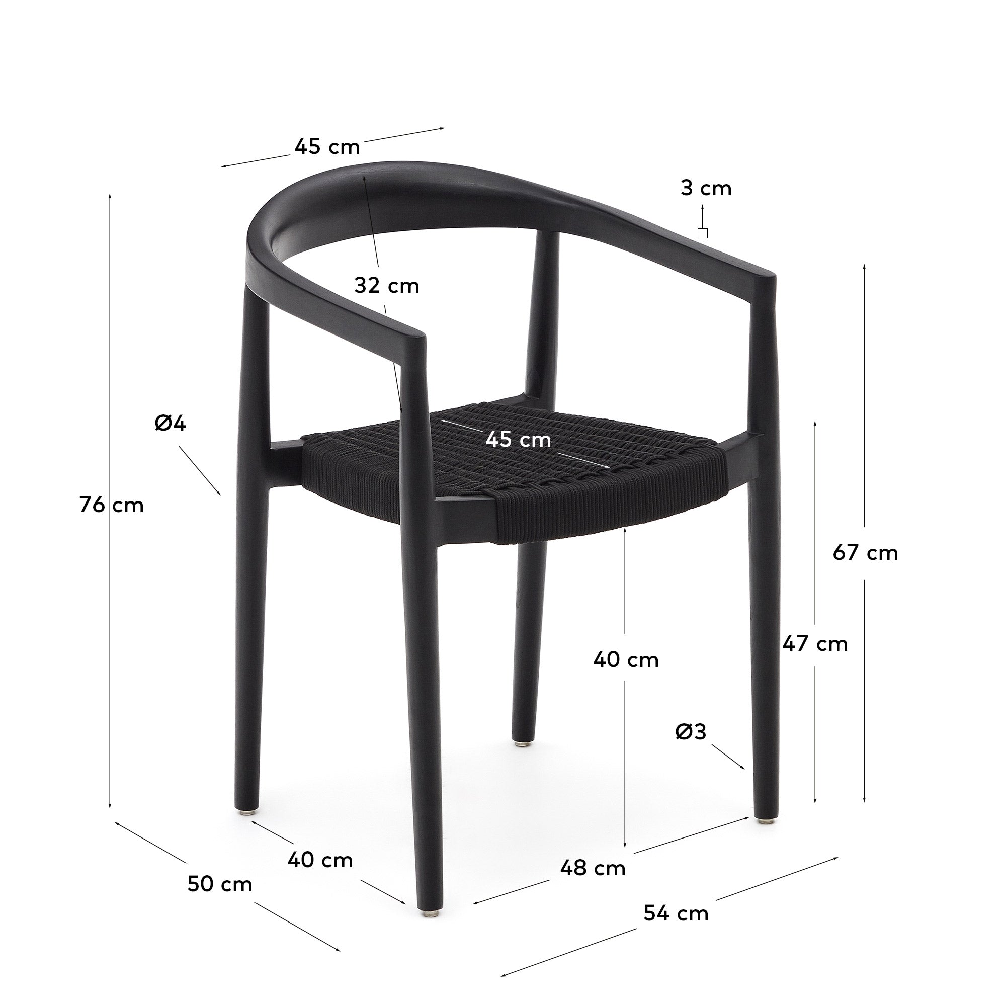 Ydalia stackable outdoor chair in solid teak wood with black finish and black rope - Measurements