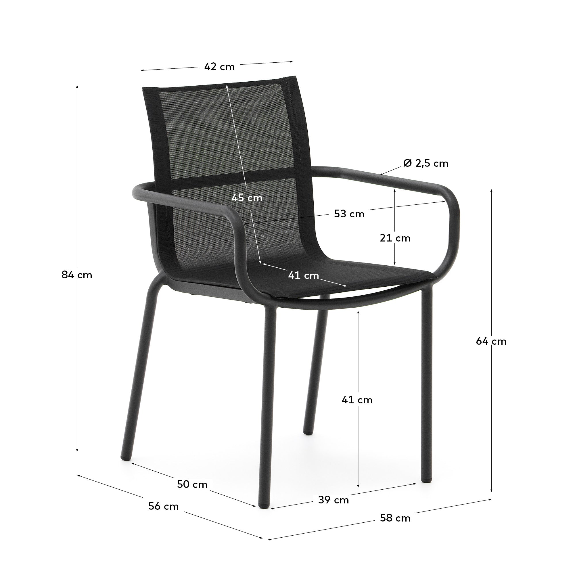 Galdana stackable outdoor chair made of aluminum with a dark grey painted finish - Measurements