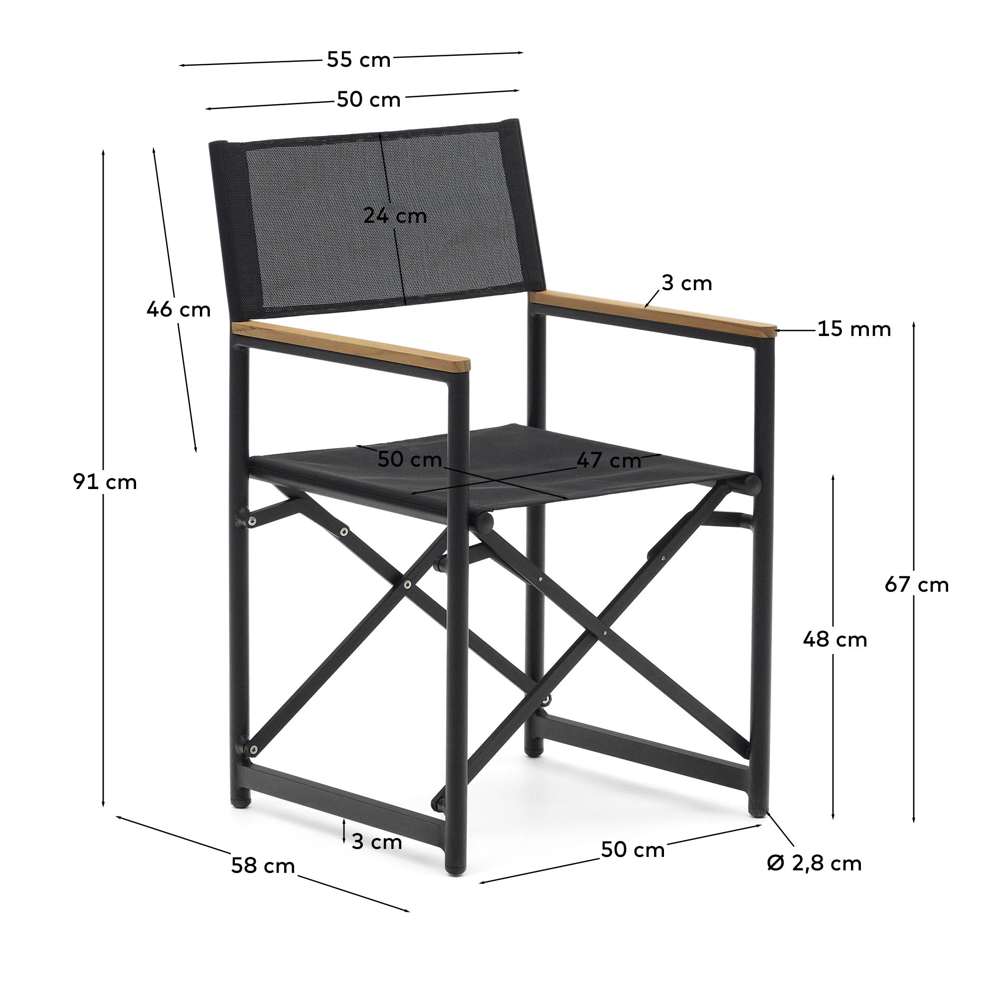 Llado black aluminium folding chair with solid teak armrests 100% outdoor suitable - Measurements