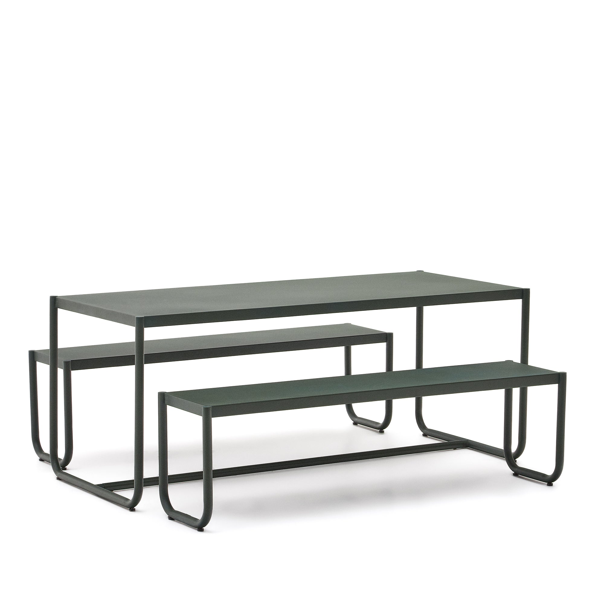 Sotil Set of 2 Benches and Galvanized Steel Table with Green Finish 183 x 83 cm - Product Image