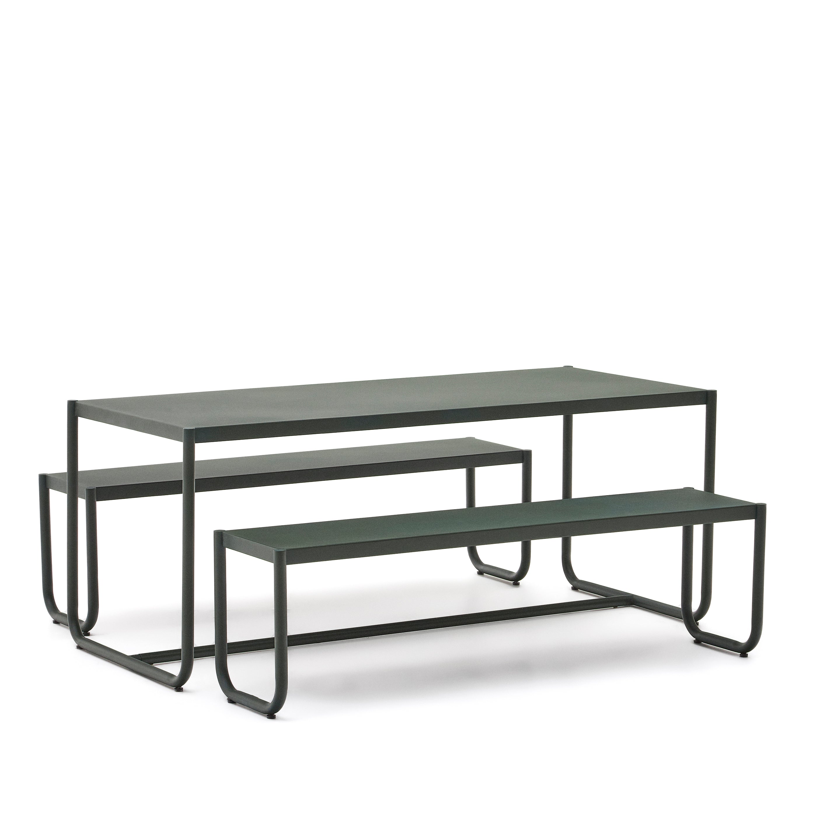 Sotil Set of 2 Benches and Galvanized Steel Table with Green Finish 183 x 83 cm - Product Image