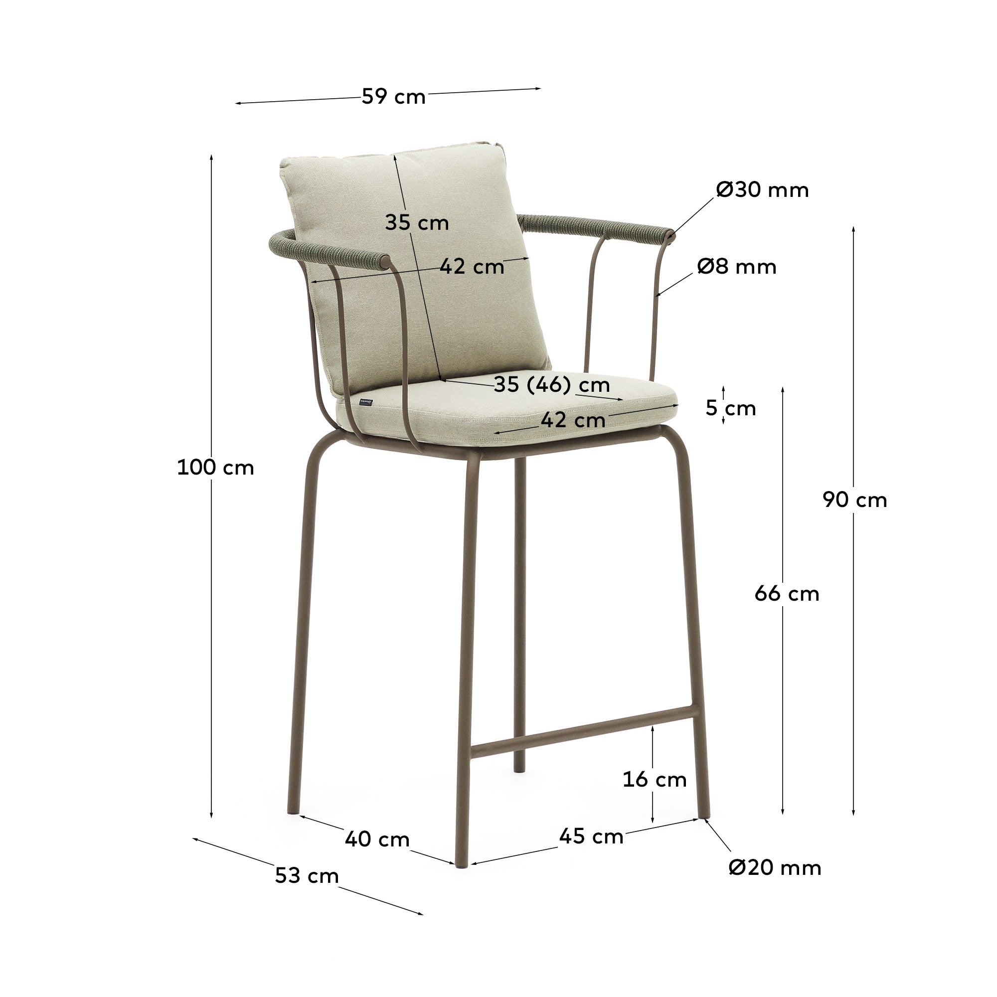 Salguer stackable stool in cord and steel with a brown painted finish, 66 cm - Measurements