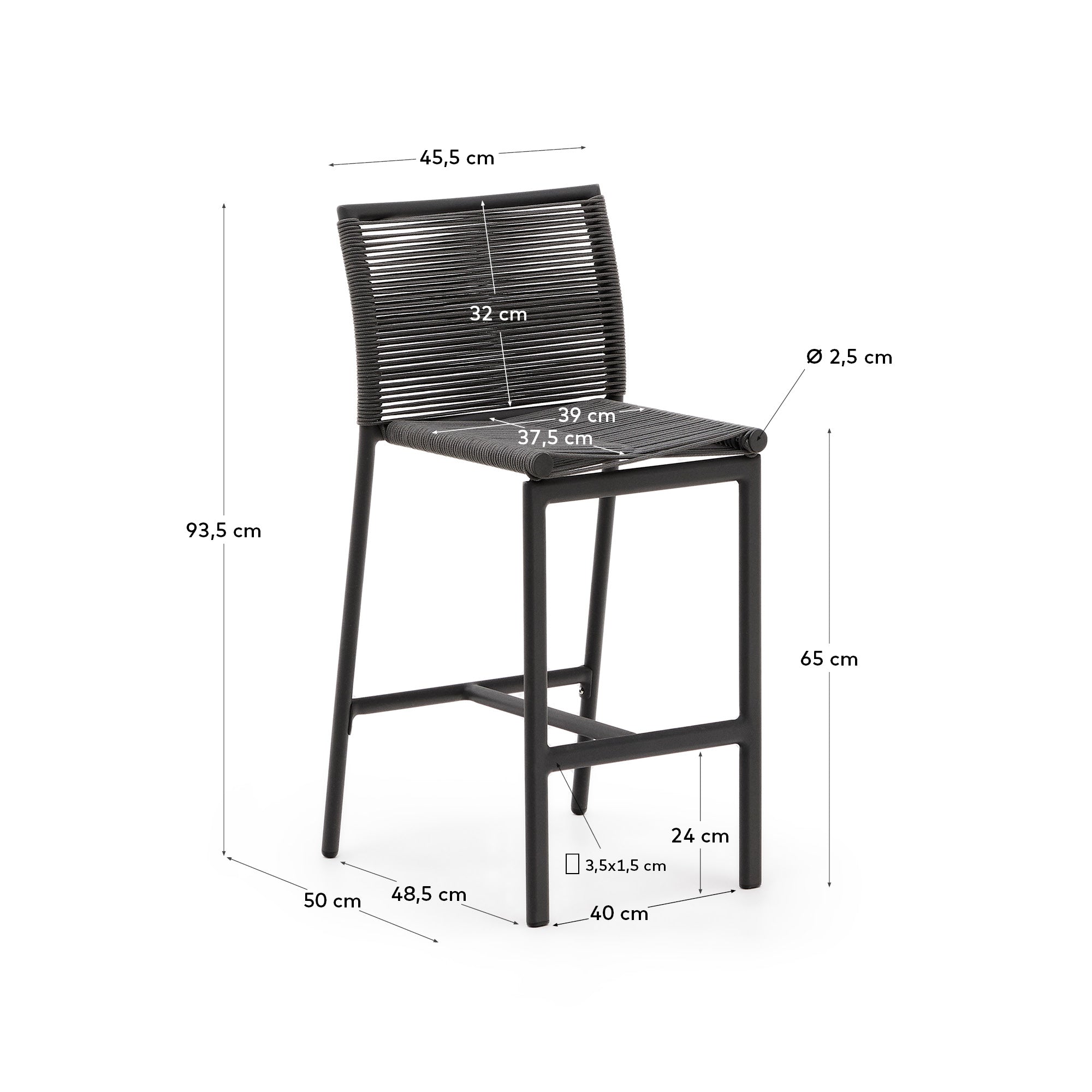 Culip outdoor stool made of rope cord and grey aluminum 65 cm - Measurements