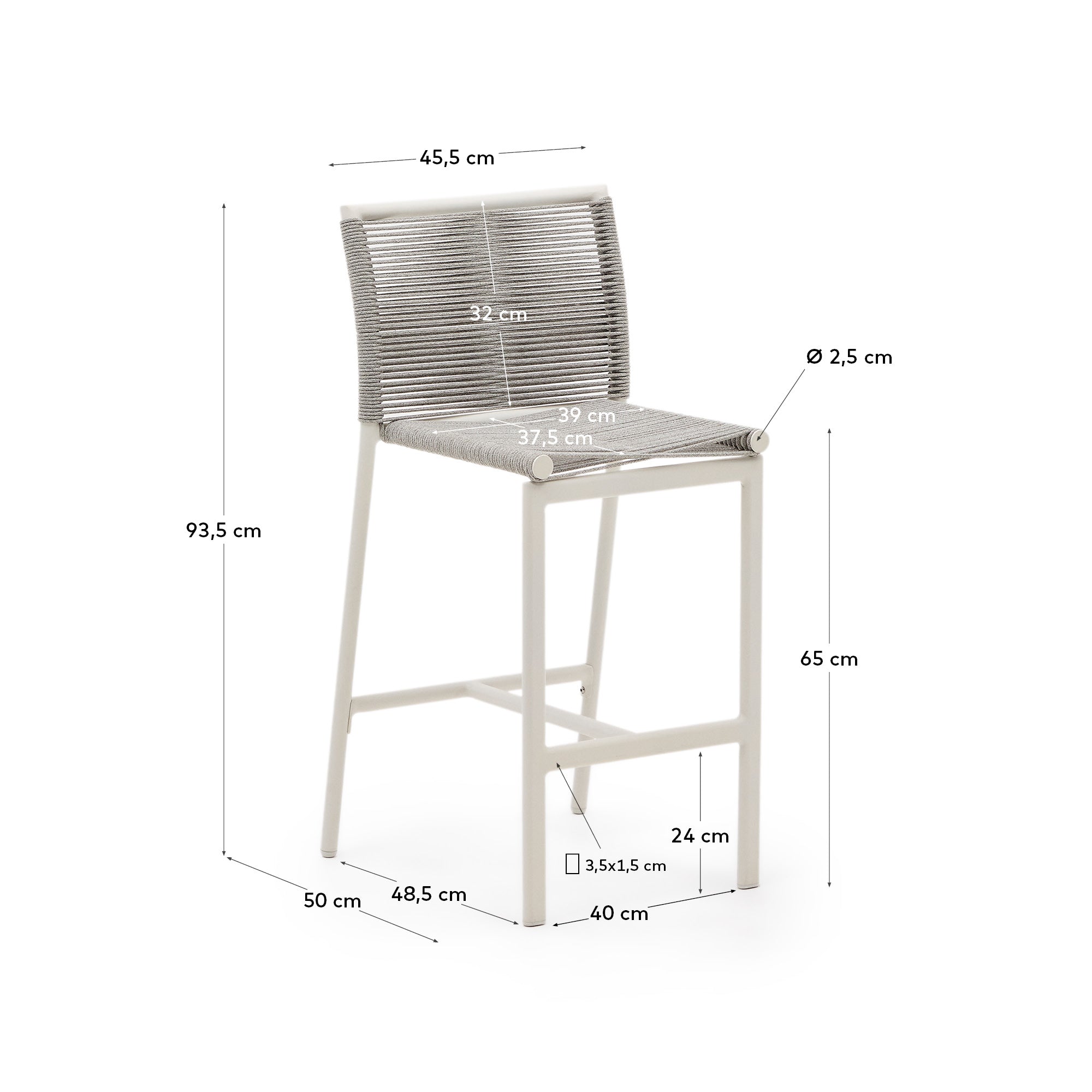 Culip outdoor stool made of rope cord and white aluminium, 65 cm - Measurements