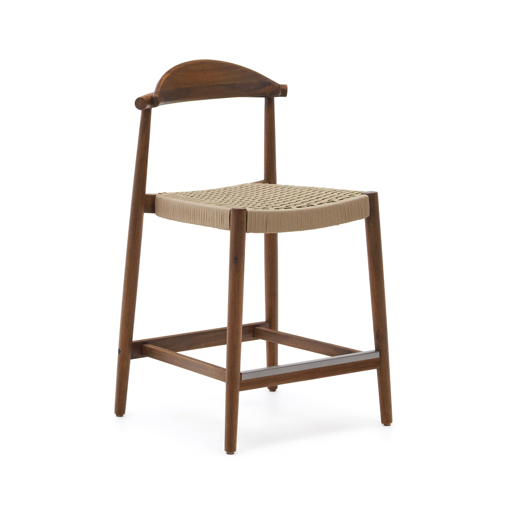 Nina solid acacia wood stool with walnut finish and beige rope height 62 cm - Product Image