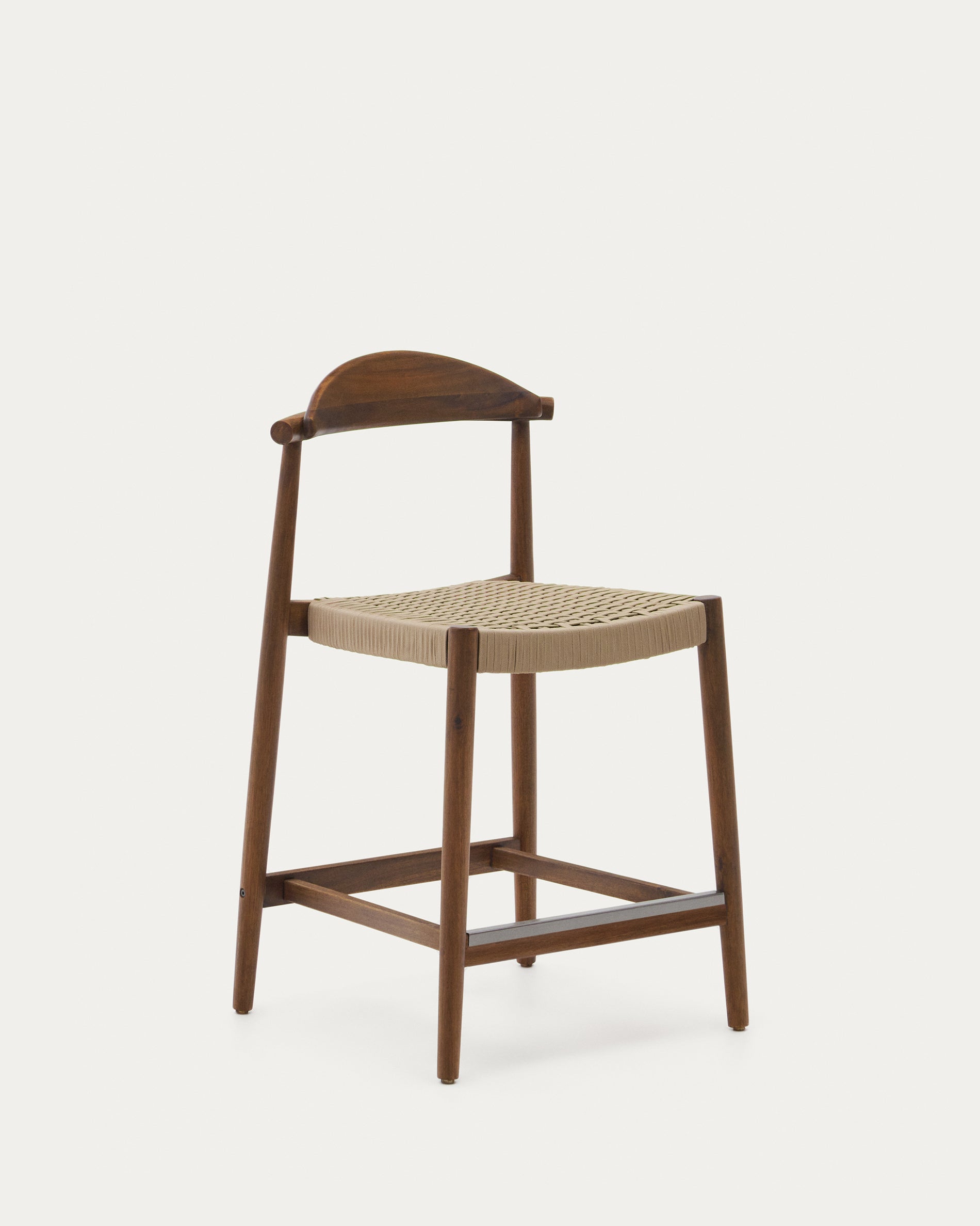 Nina solid acacia wood stool with walnut finish and beige rope height 62 cm - Product View