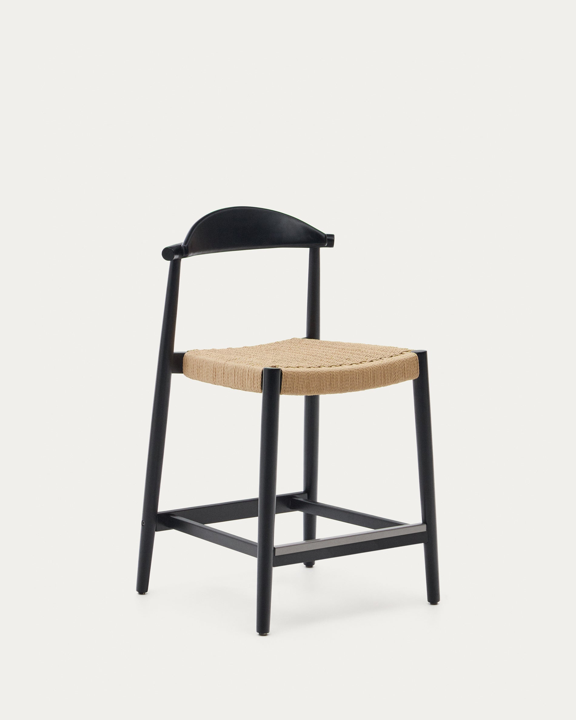Nina stool made of solid acacia wood with black finish and beige rope height 62 cm - Product View