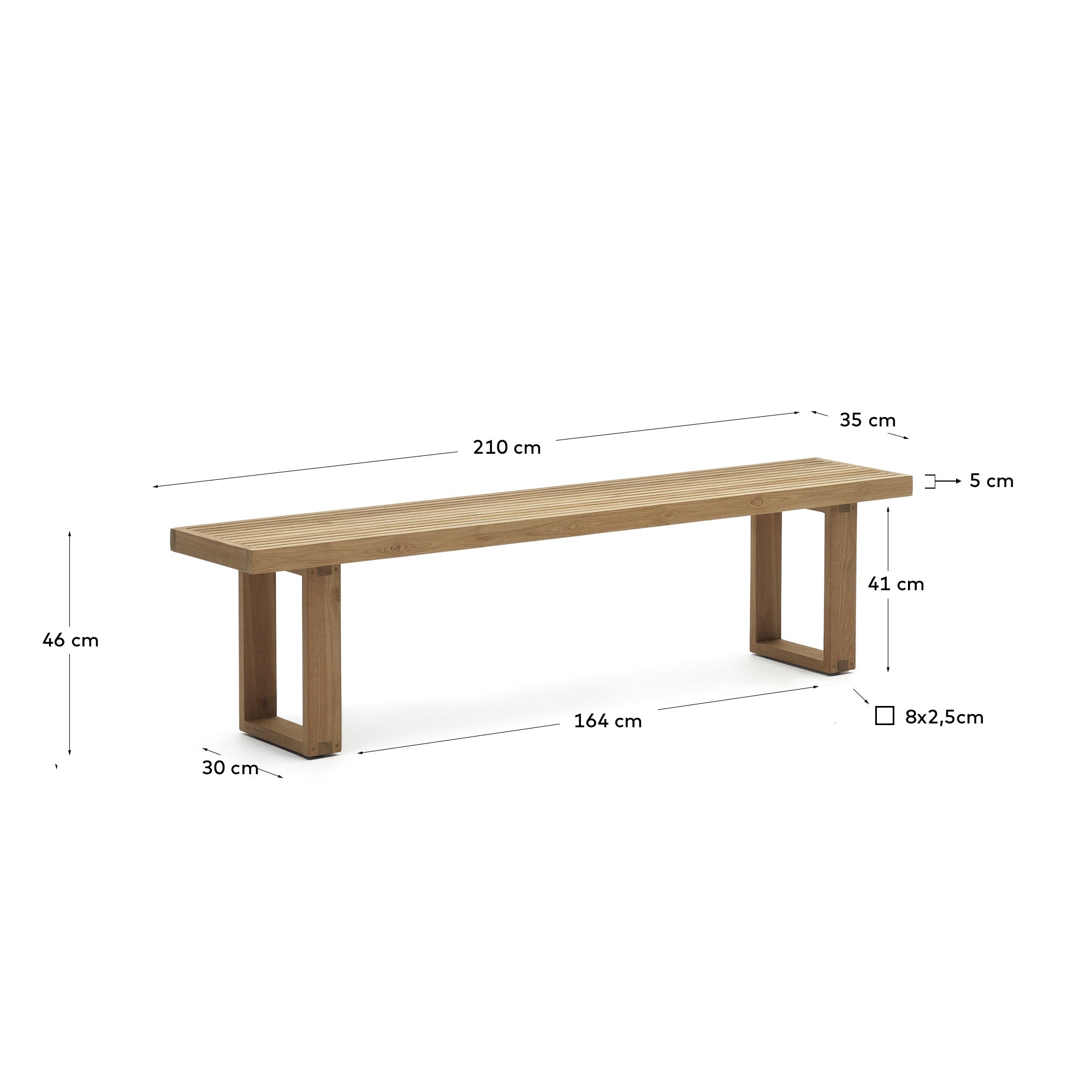 Canadell 100% outdoor solid recycled teak bench, 210 cm - Measurements