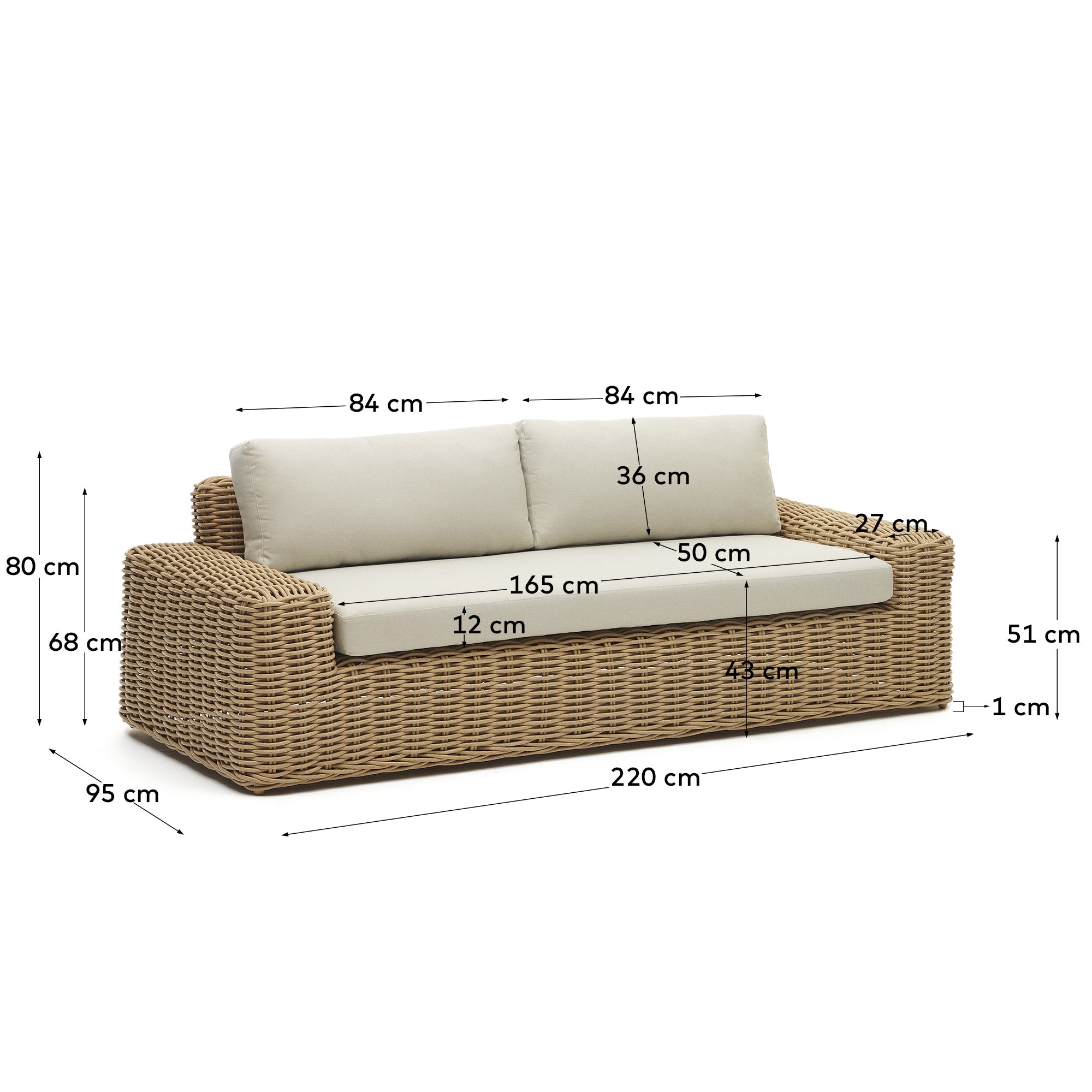 Portlligat 3 seater faux rattan outdoor sofa in a natural finish - Measurements
