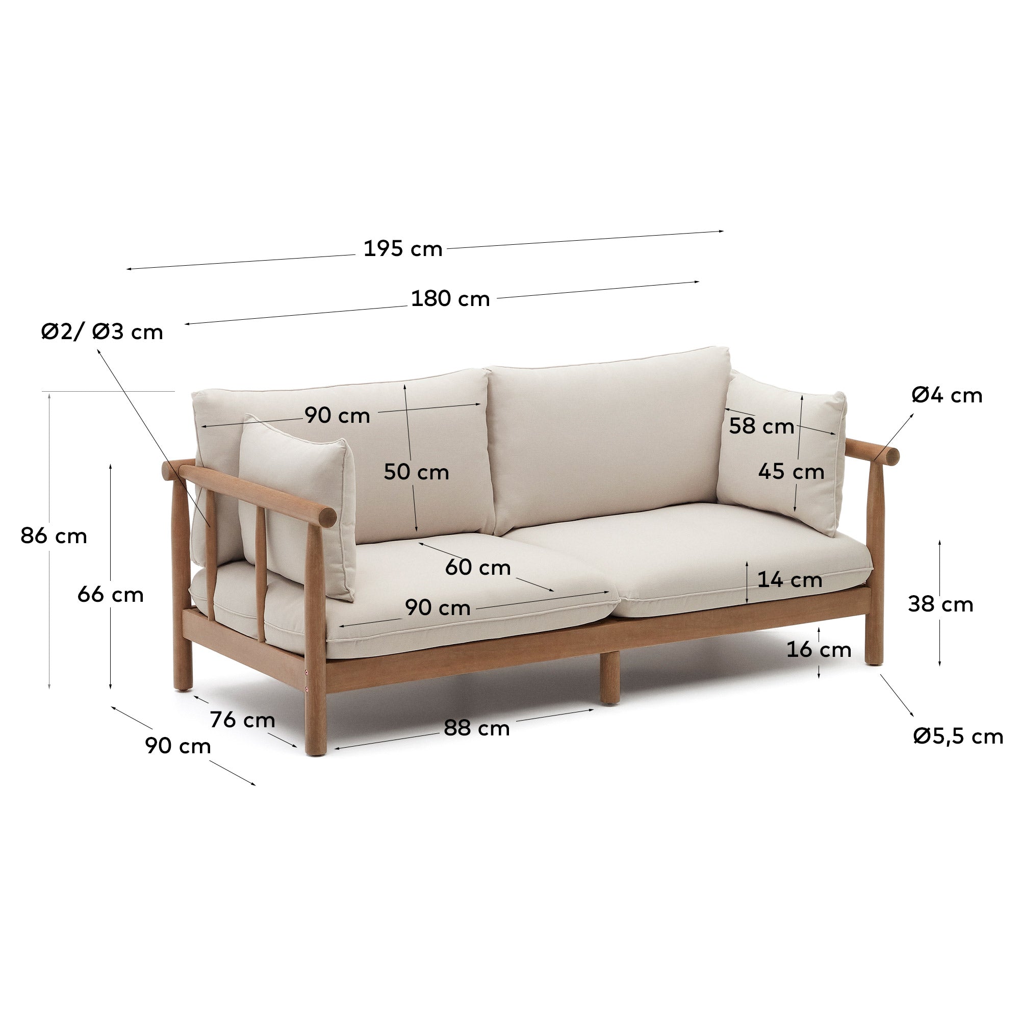 Sacova 2 seater sofa, made from solid eucalyptus wood 195 cm - Measurements