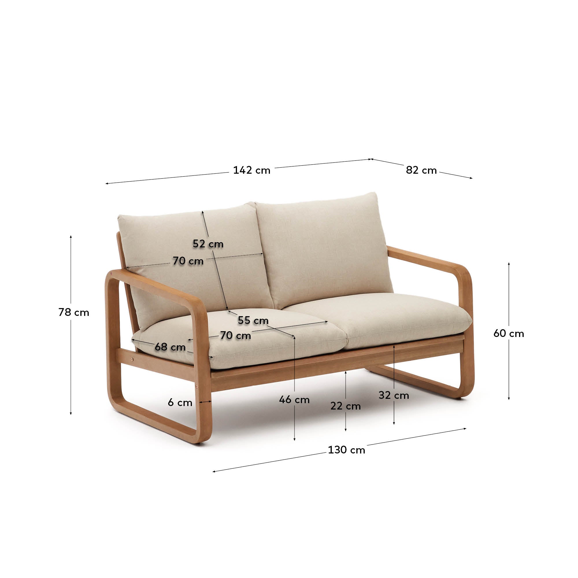 Sacaleta 2 seater sofa, made from solid eucalyptus wood 142 cm - Measurements